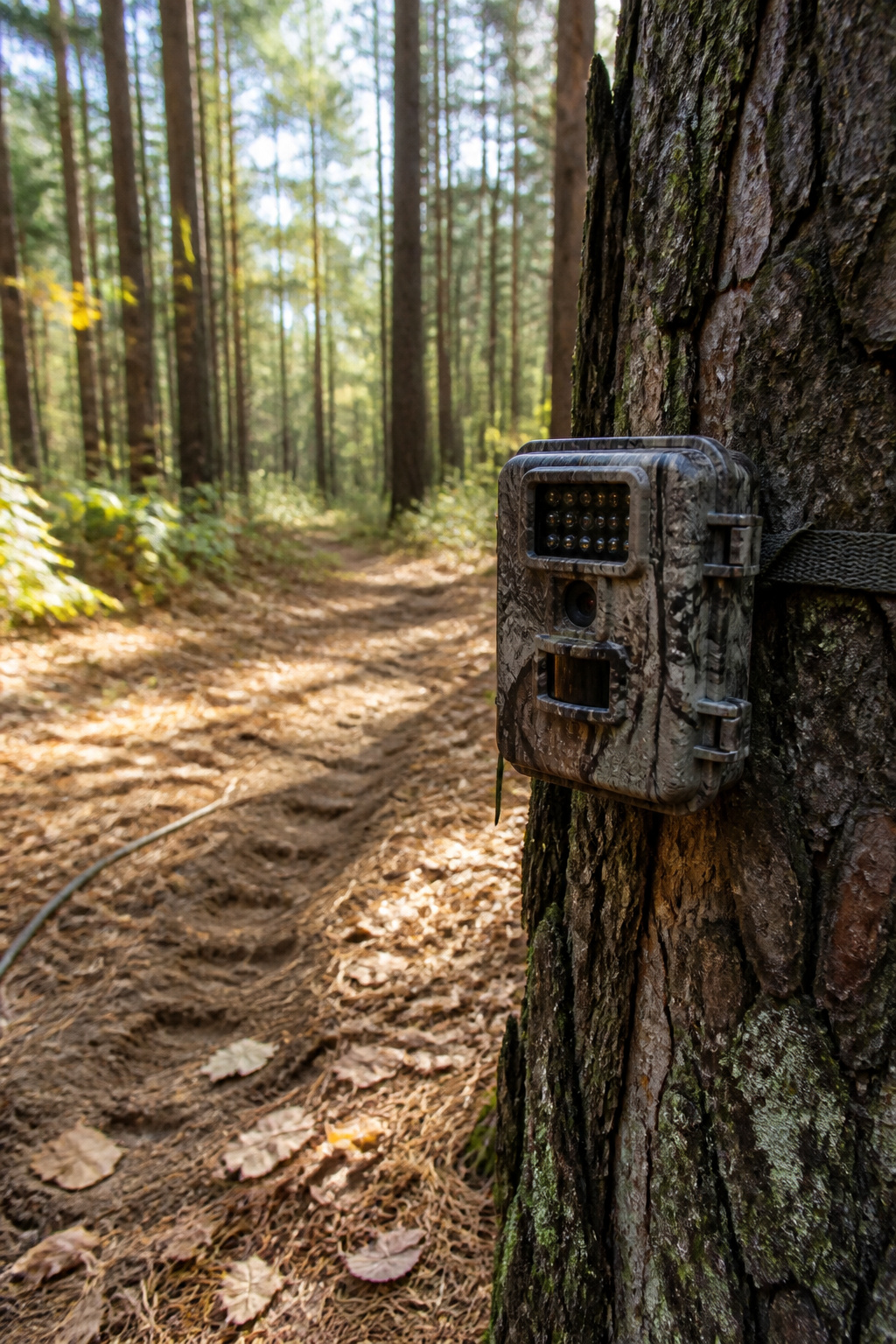 What Are Trail Cameras Used For? 7 Practical Applications 1 A trail camera mounted on a tree in a forest.