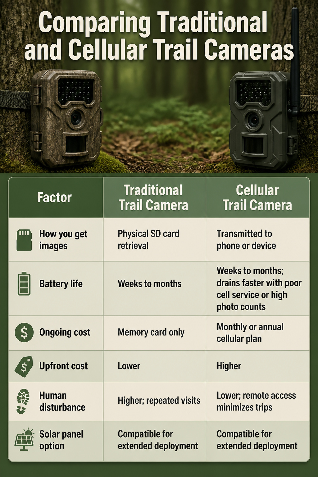 What Are Trail Cameras Used For? 7 Practical Applications 9 A chart comparing traditional and cellular trail cameras.