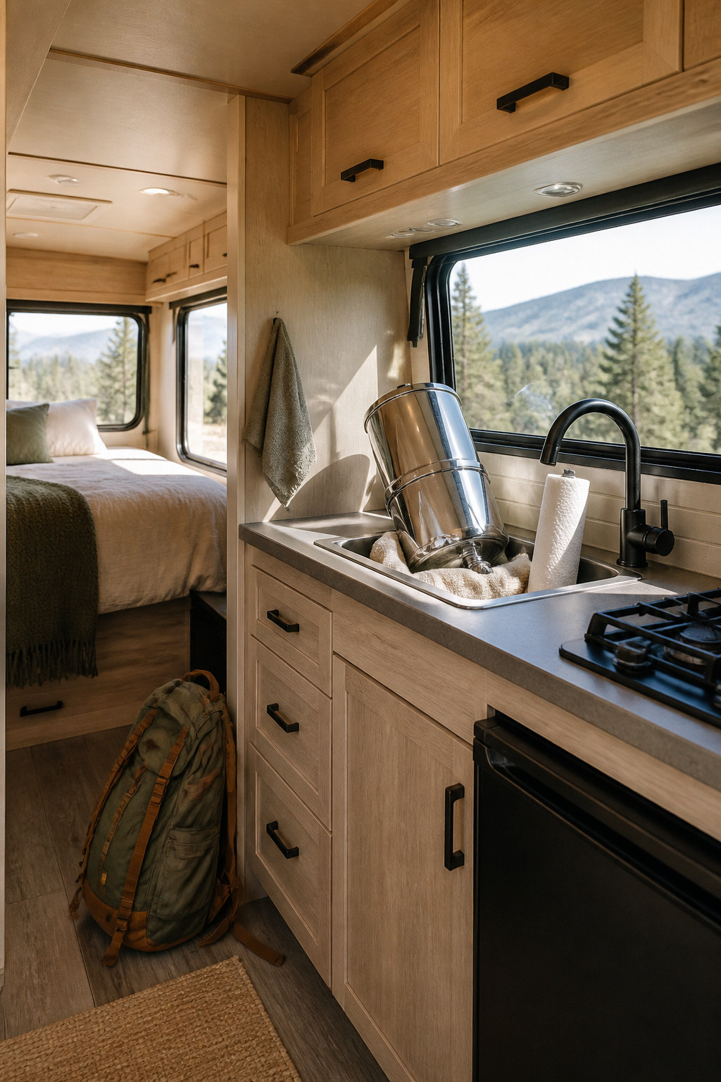 Travel Berkey Water Filter: Specs, Performance and Value 7 Travel Berkey Water Filter secured on a countertop in an RV.