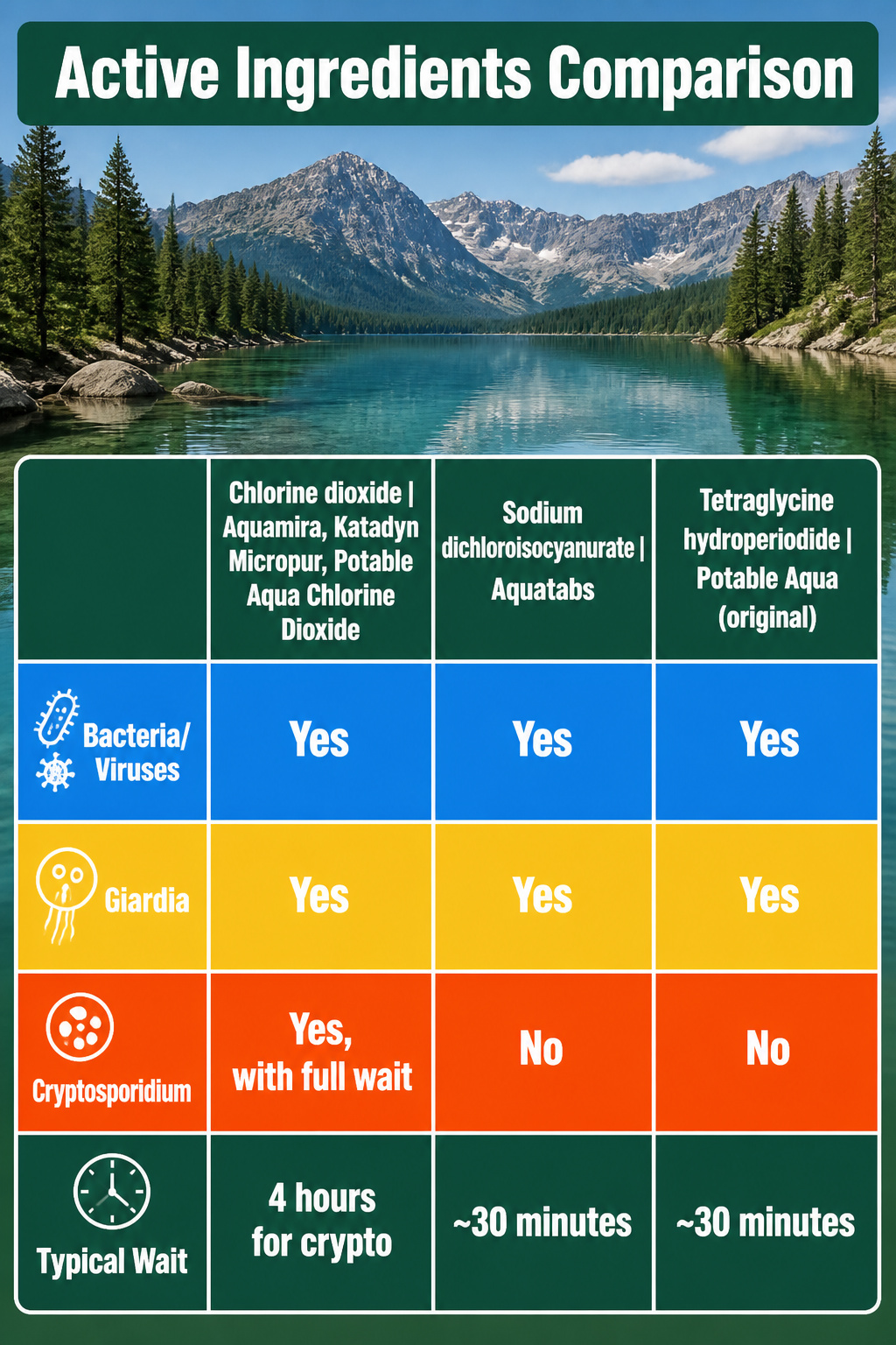 5 Best Water Purification Tablets of 2026 6 A chart comparing active ingredients in water purification tablets.