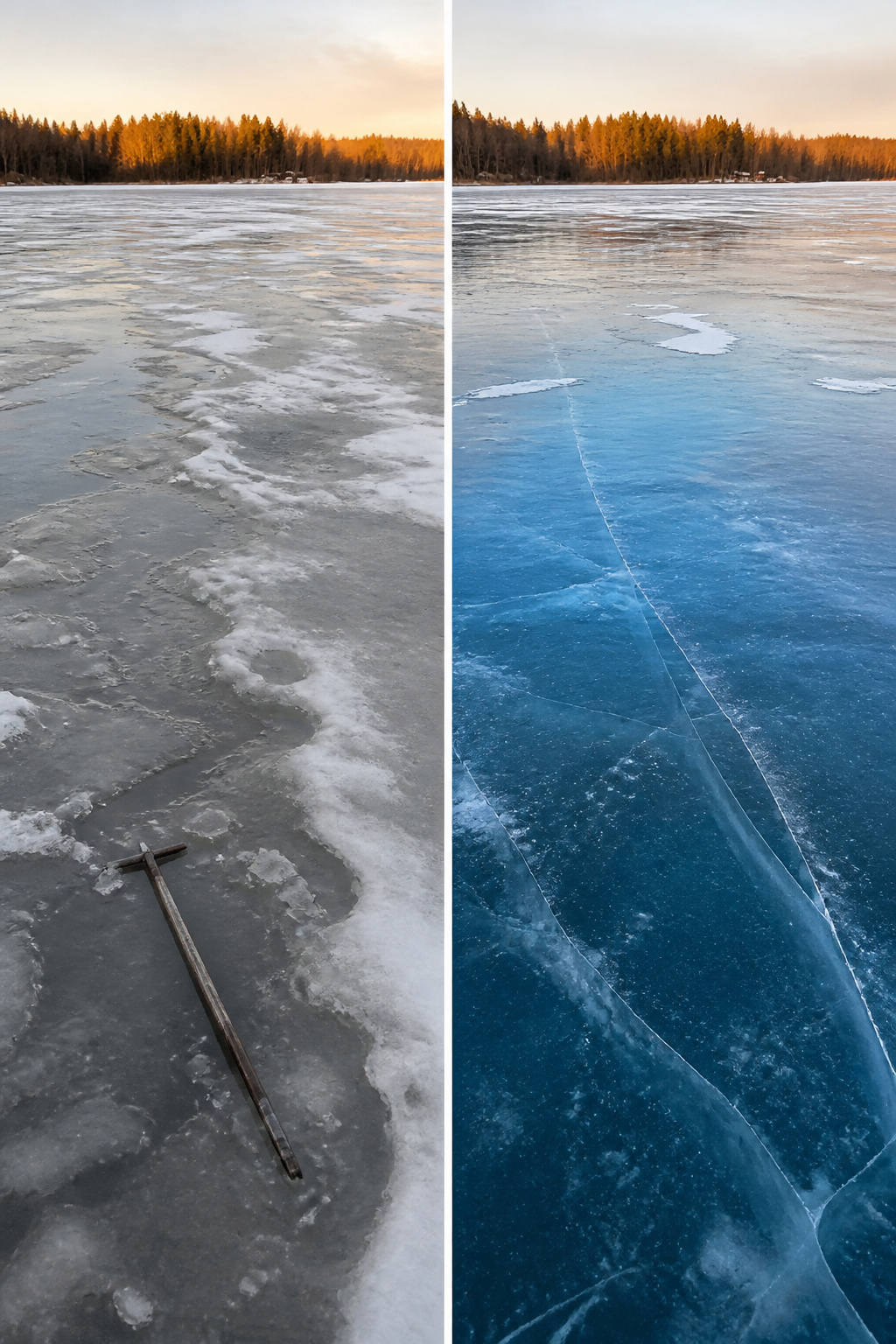 A close-up of ice showing dull grey patches mixed with clearer ice.