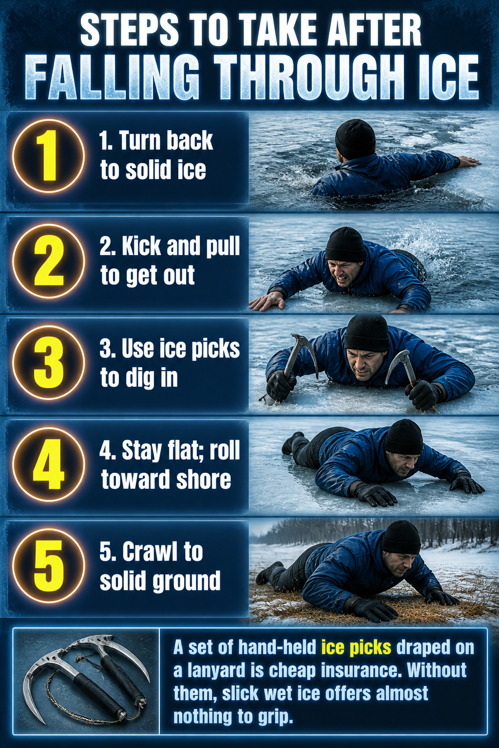 An information image outlining steps to follow after falling through ice.