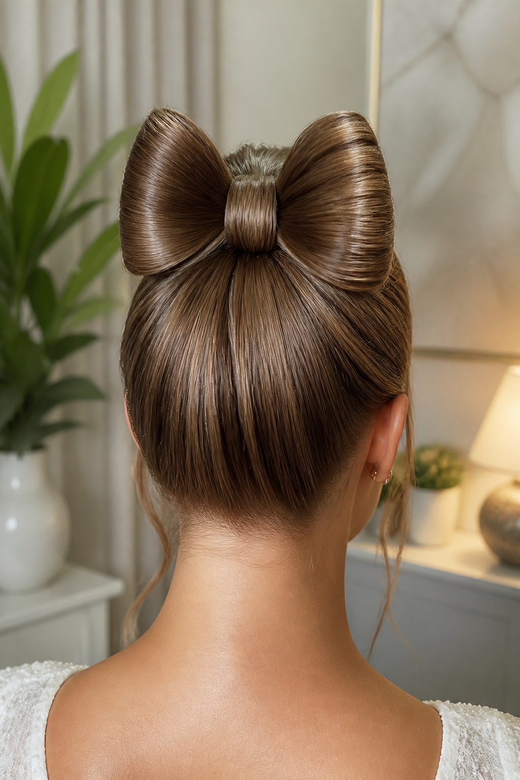 7 Bow Hairstyles to Try in 2026 1 A model with a classic bow hairstyle at the crown of her head.