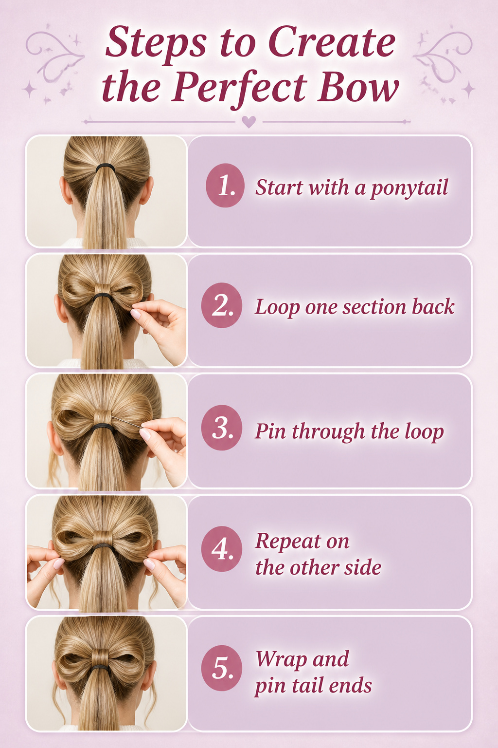 7 Bow Hairstyles to Try in 2026 10 Illustrated steps for building a basic bow hairstyle.