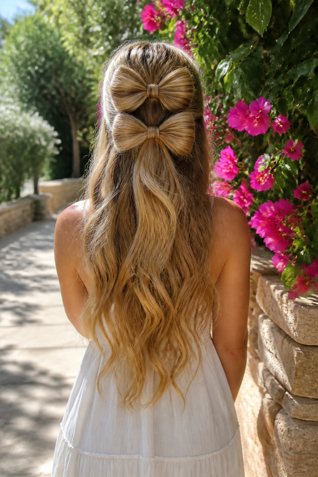 7 Bow Hairstyles to Try in 2026 3 A model showcasing a double bow hairstyle in an outdoor setting.