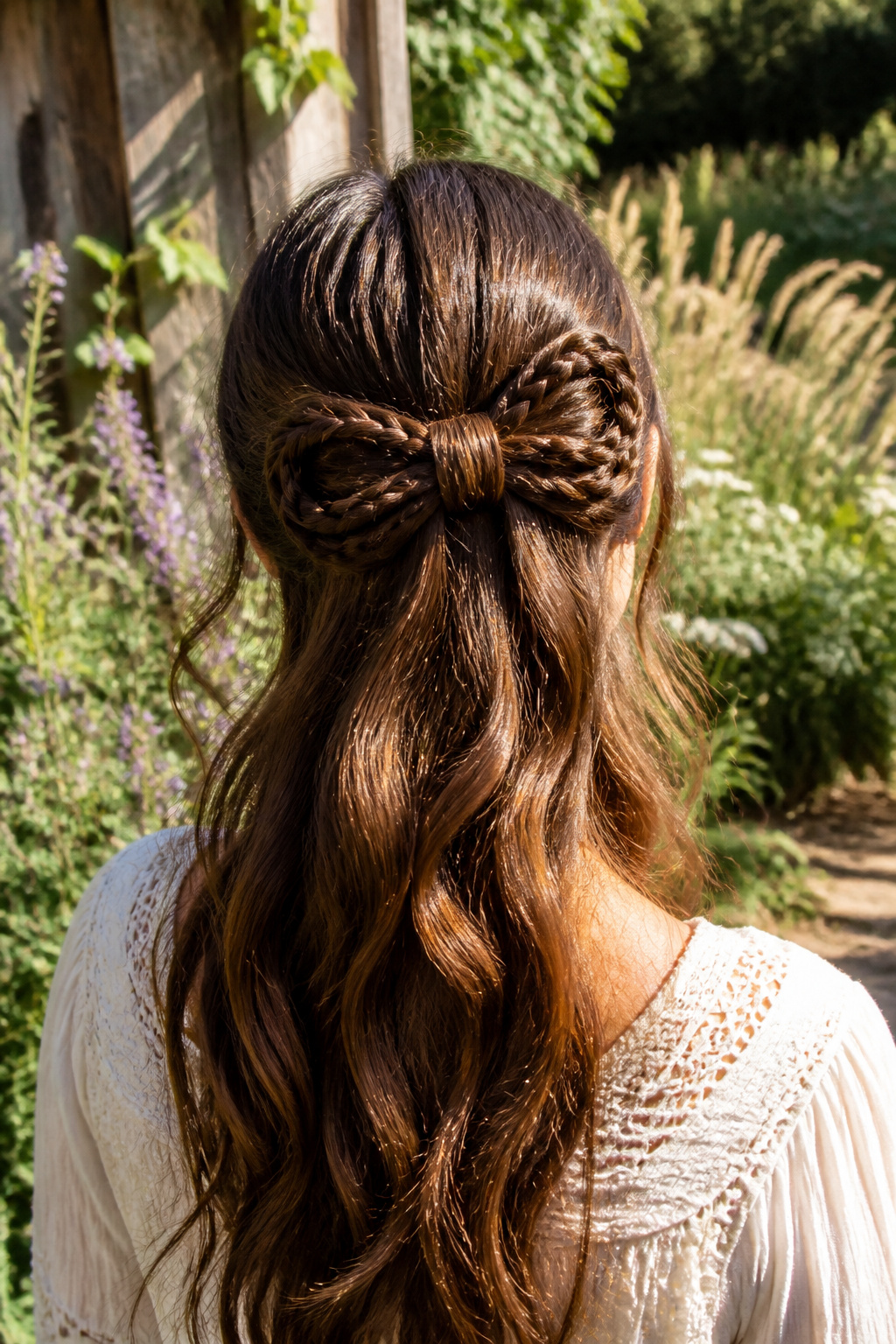 7 Bow Hairstyles to Try in 2026 5 A model posing with a braided bow hairstyle against a wooden backdrop.