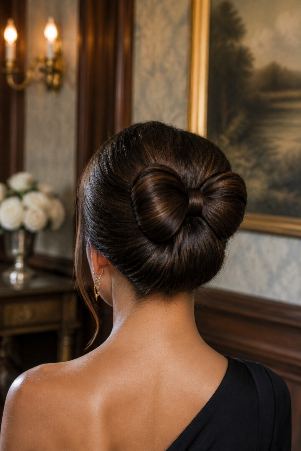 7 Bow Hairstyles to Try in 2026 6 A model with a bow bun hairstyle, showing the bow at the base.