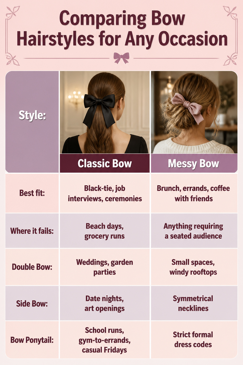 7 Bow Hairstyles to Try in 2026 9 A chart comparing bow hairstyles for different events and their suitability.
