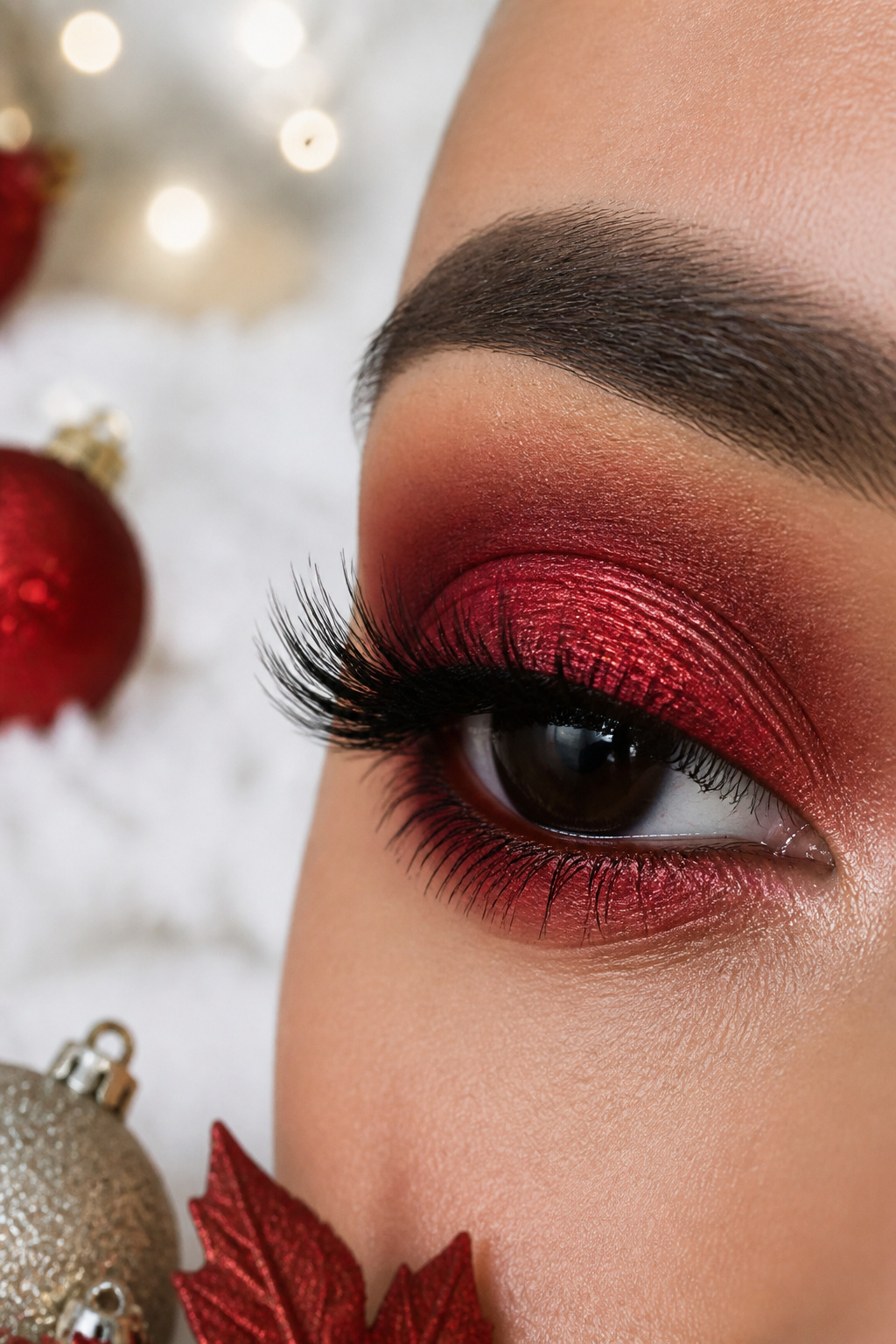 26 Christmas Eye Makeup Ideas for the 2026 Holiday Season 1 A model wearing layered red eye makeup with a warm brown crease.