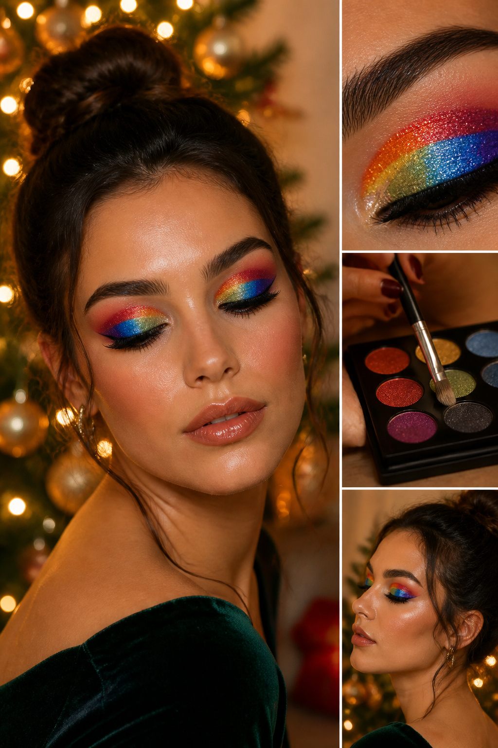 26 Christmas Eye Makeup Ideas for the 2026 Holiday Season 11 A model's eye with a rainbow pattern of vibrant eyeshadow.