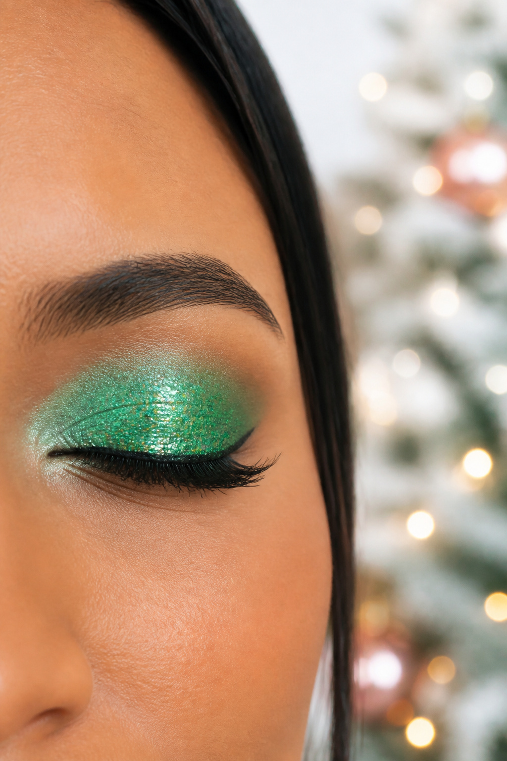 26 Christmas Eye Makeup Ideas for the 2026 Holiday Season 12 A close-up of sparkly green eyeshadow with mint and glitter.
