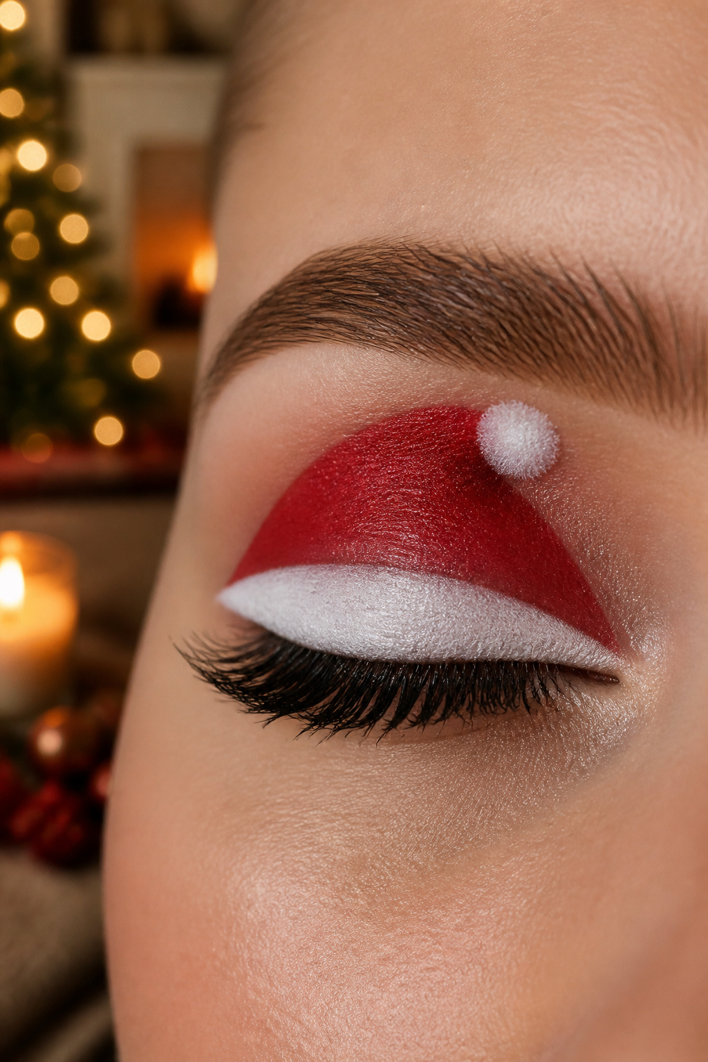 26 Christmas Eye Makeup Ideas for the 2026 Holiday Season 13 A model's eye decorated with Santa hat-inspired eyeshadow.