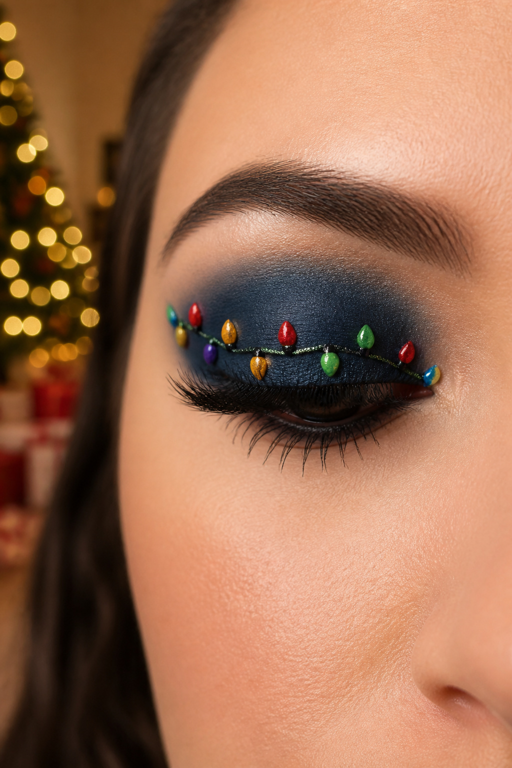 26 Christmas Eye Makeup Ideas for the 2026 Holiday Season 15 A model's eye decorated with tiny colored cream shadows resembling lights.