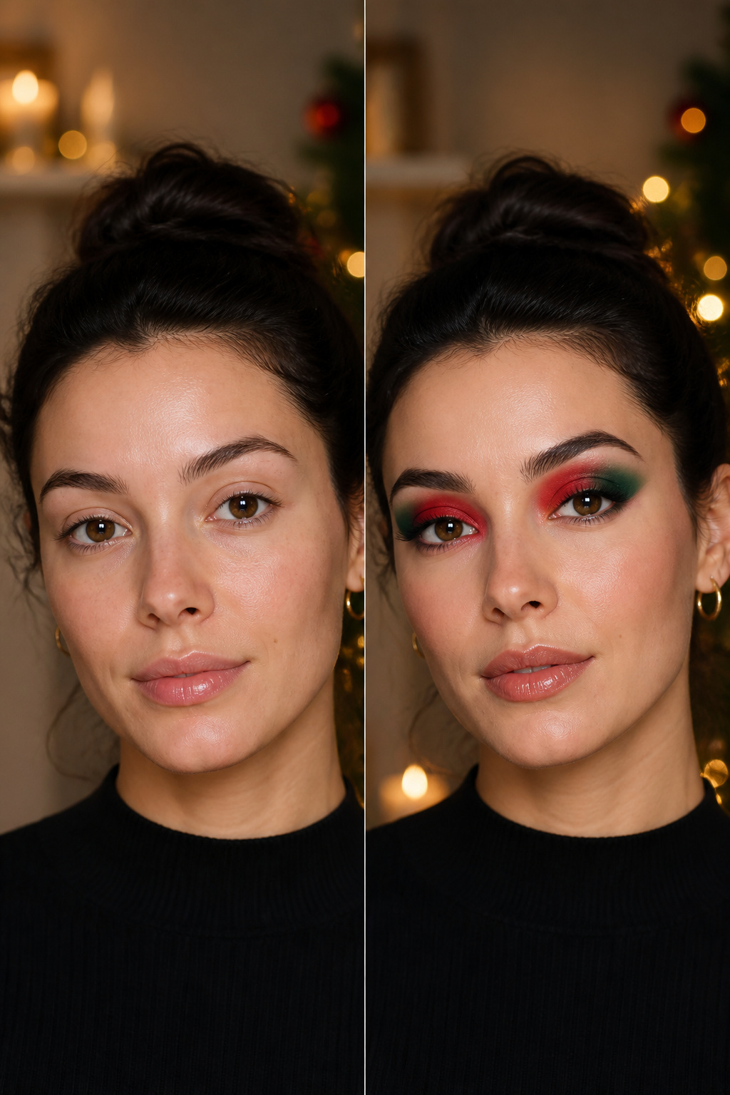 26 Christmas Eye Makeup Ideas for the 2026 Holiday Season 16 A model's eye featuring red and green eyeshadow blended with brown.