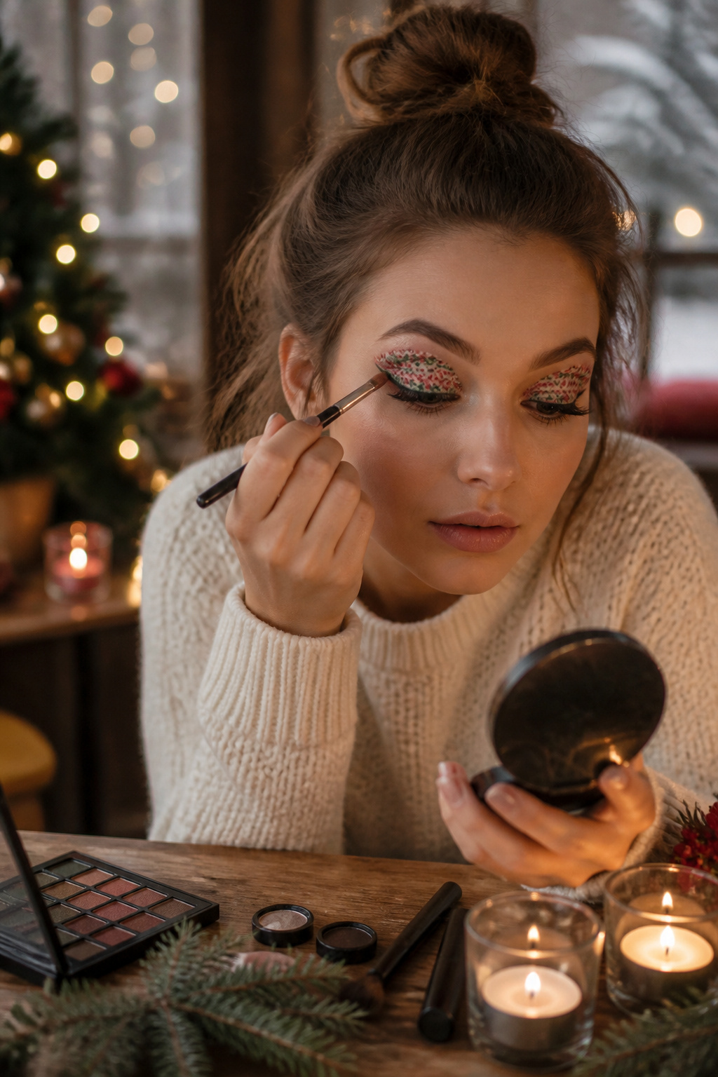 26 Christmas Eye Makeup Ideas for the 2026 Holiday Season 18 A model's eye with patterned Christmas sweater-inspired eyeshadow.