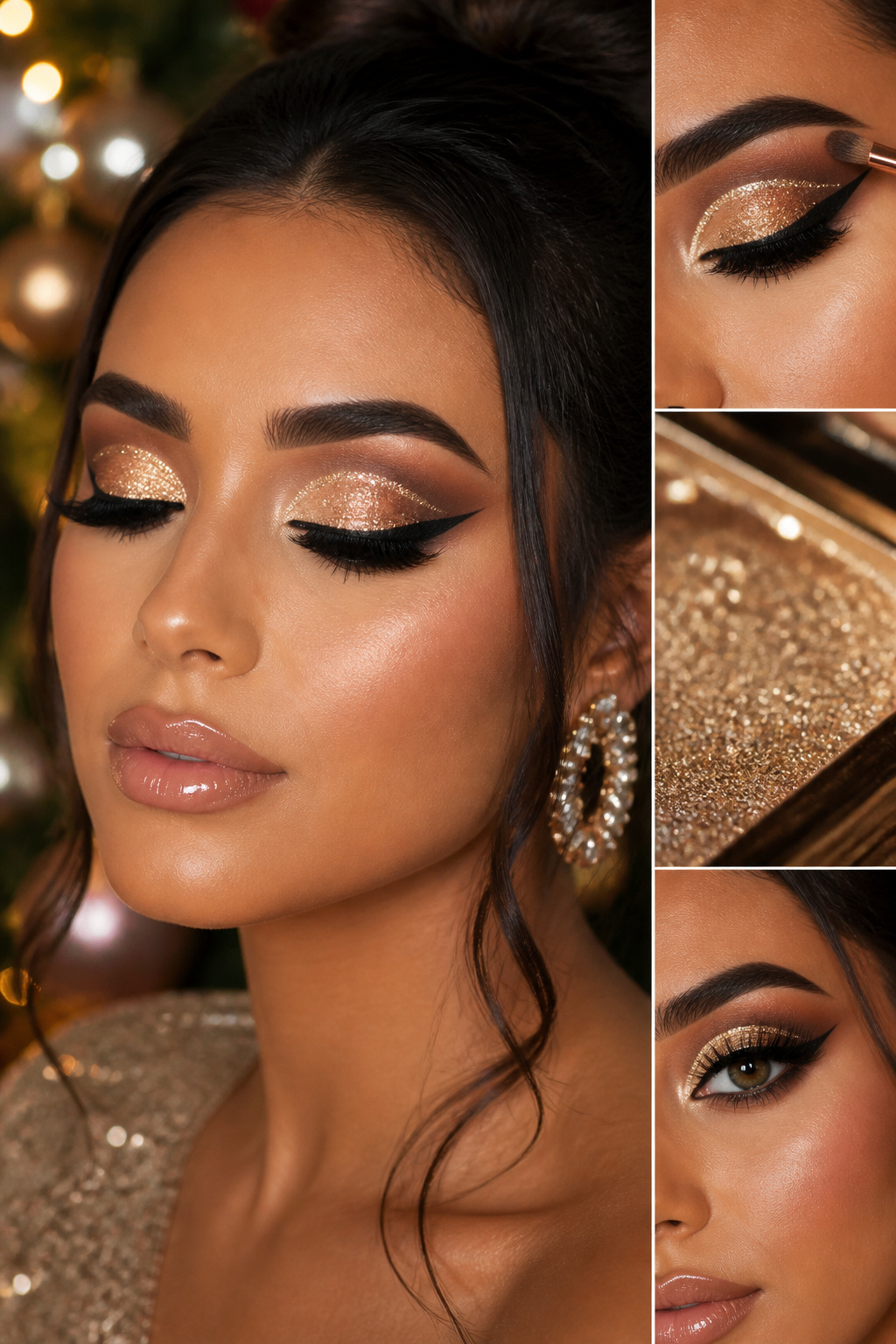 26 Christmas Eye Makeup Ideas for the 2026 Holiday Season 19 A model showcasing a glitter cut crease eye makeup look.
