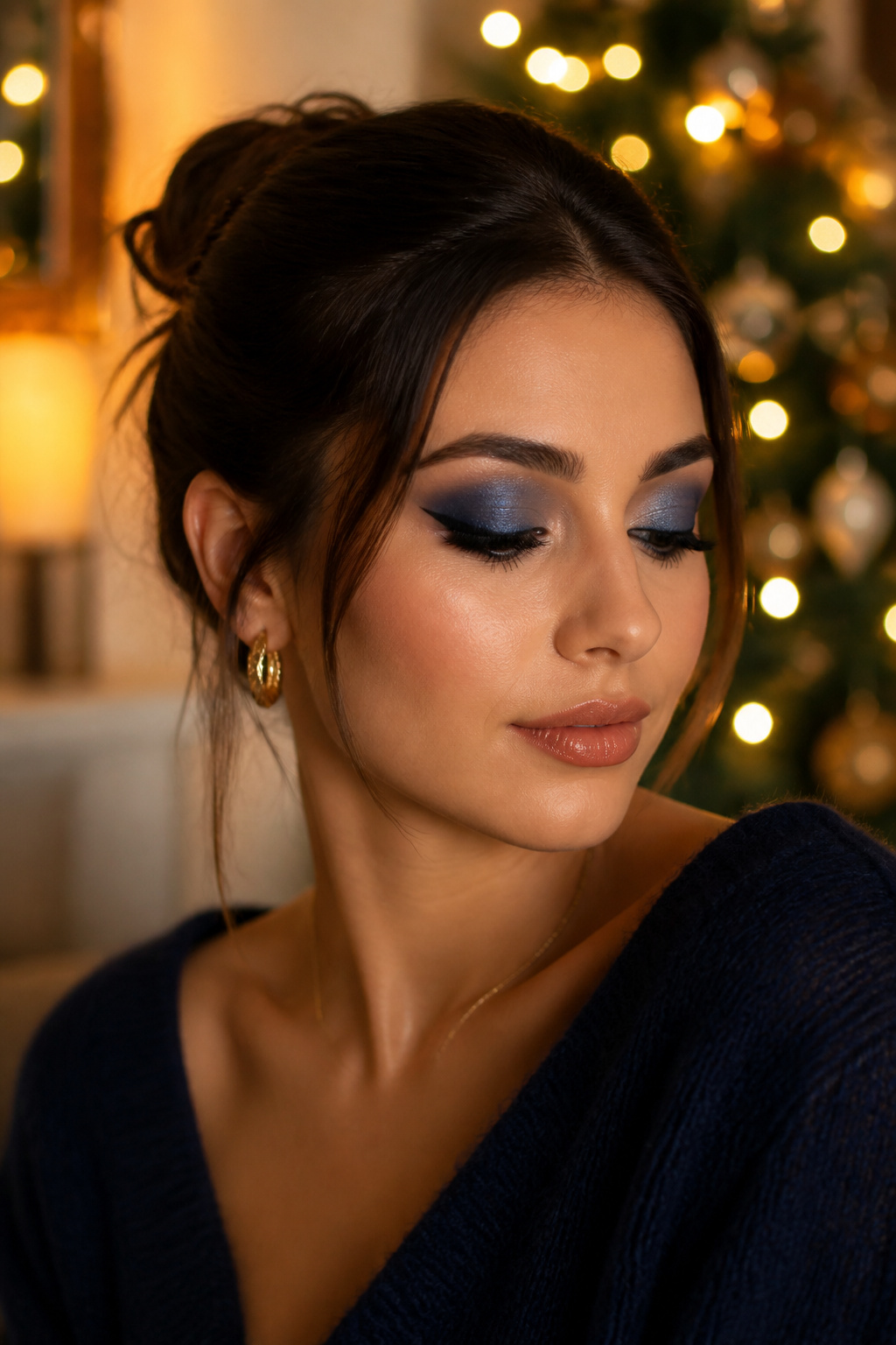 26 Christmas Eye Makeup Ideas for the 2026 Holiday Season 2 A model showcasing elegant navy blue eye makeup with a precise wing.