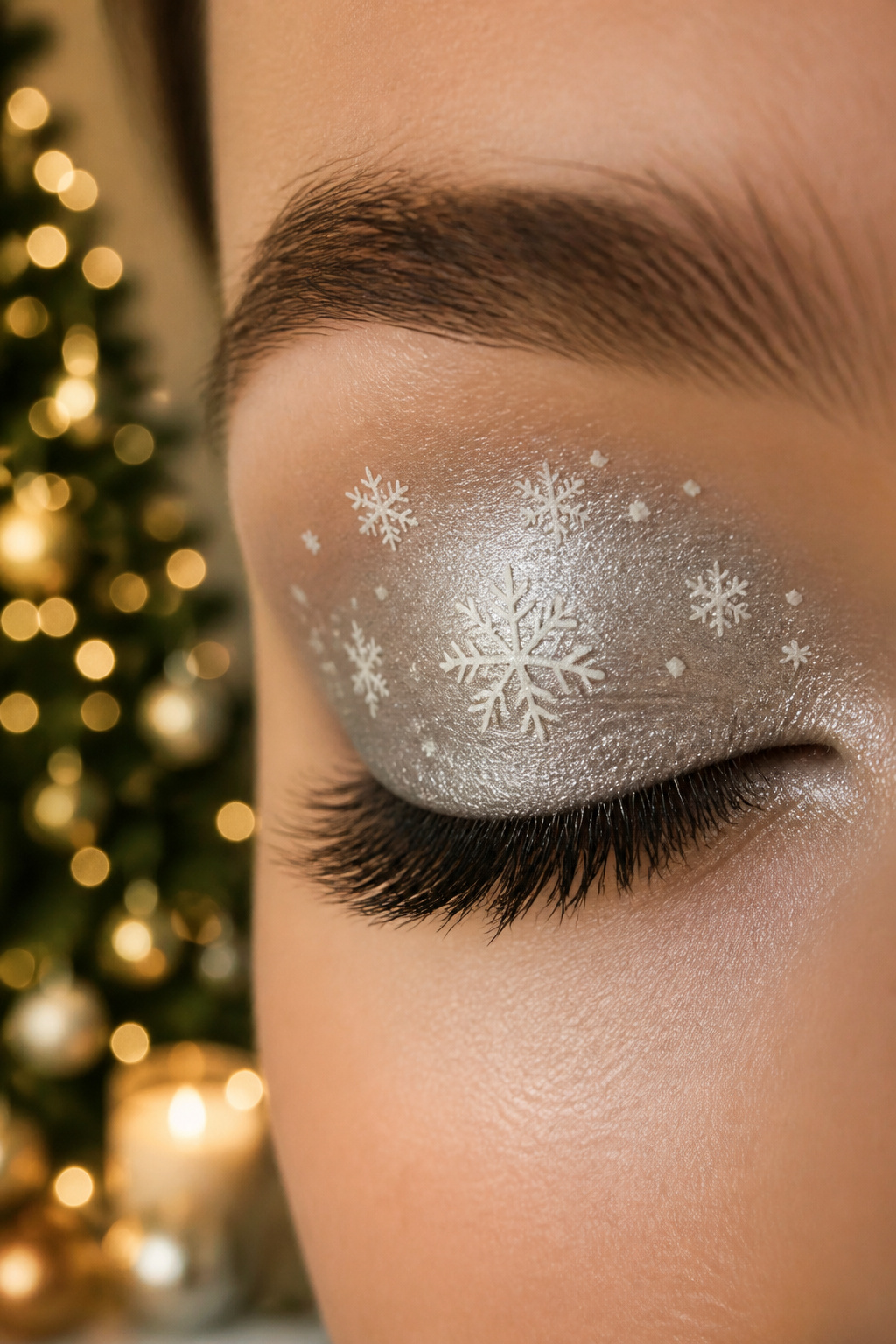 26 Christmas Eye Makeup Ideas for the 2026 Holiday Season 20 A model's eye with small snowflake designs using white liner.