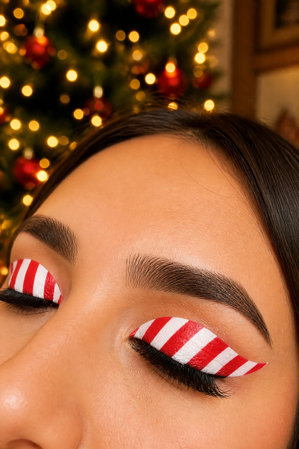 26 Christmas Eye Makeup Ideas for the 2026 Holiday Season 21 A model's eye decorated with red and white candy cane stripes.