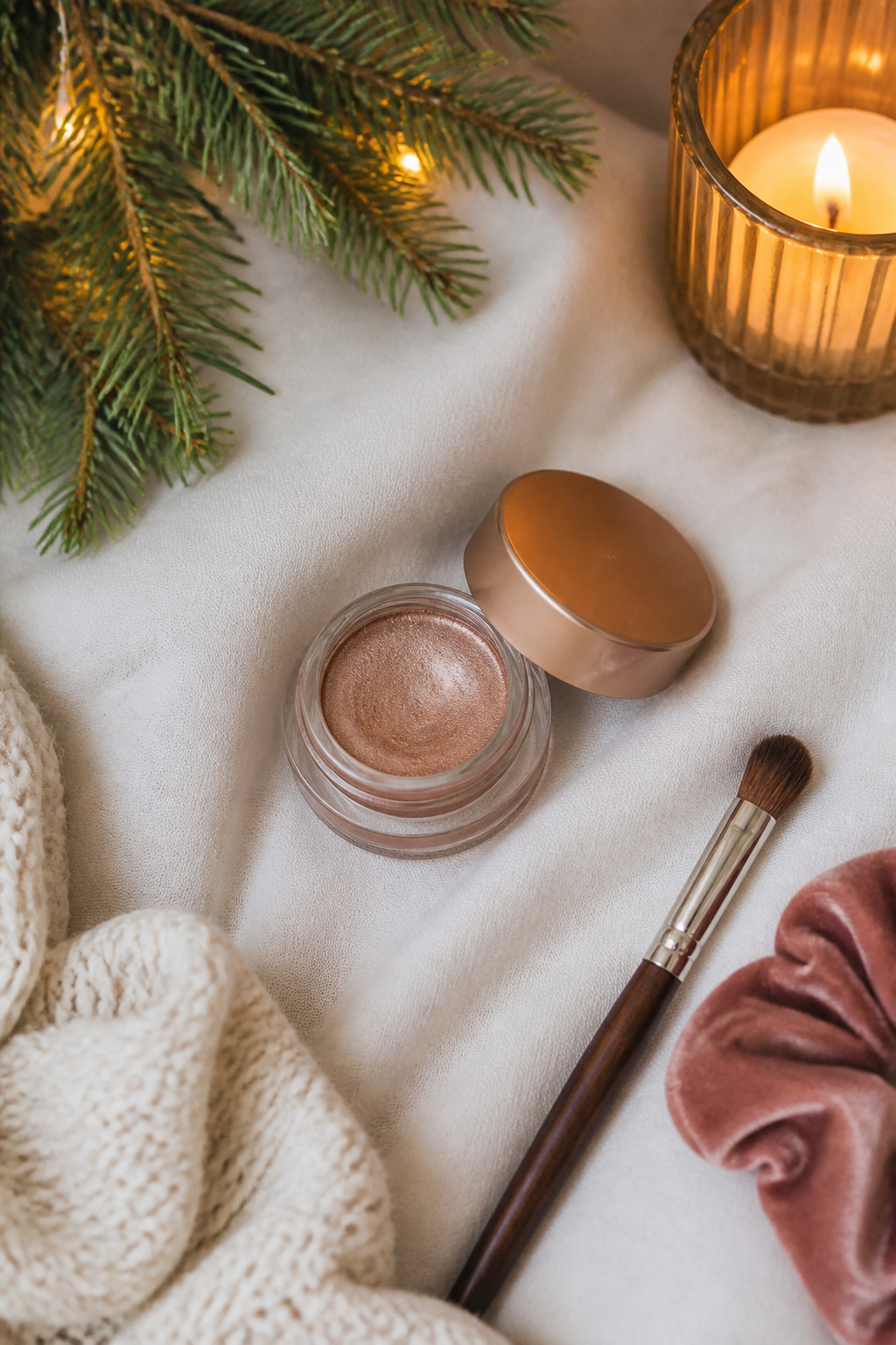 26 Christmas Eye Makeup Ideas for the 2026 Holiday Season 22 A model's eye with a single shimmery cream shadow applied.