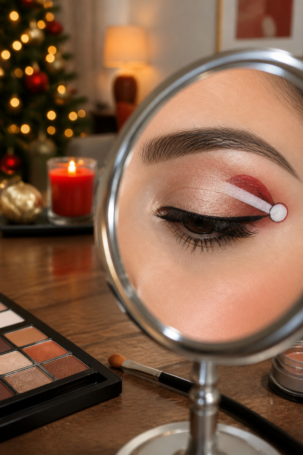 26 Christmas Eye Makeup Ideas for the 2026 Holiday Season 23 A model's eye featuring a small Santa Claus hat design.