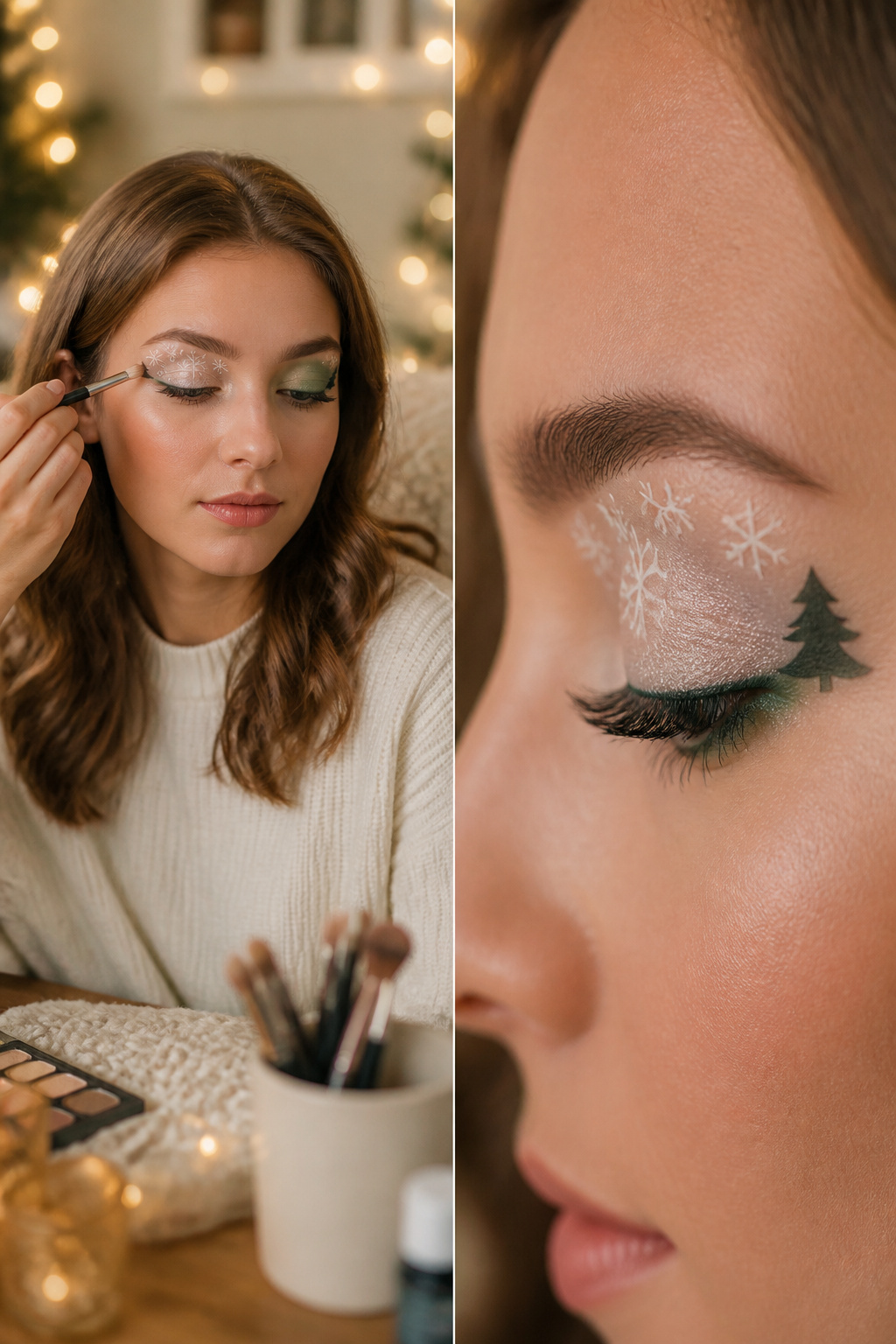 26 Christmas Eye Makeup Ideas for the 2026 Holiday Season 24 A model's eyes featuring snowflakes and a tree silhouette.