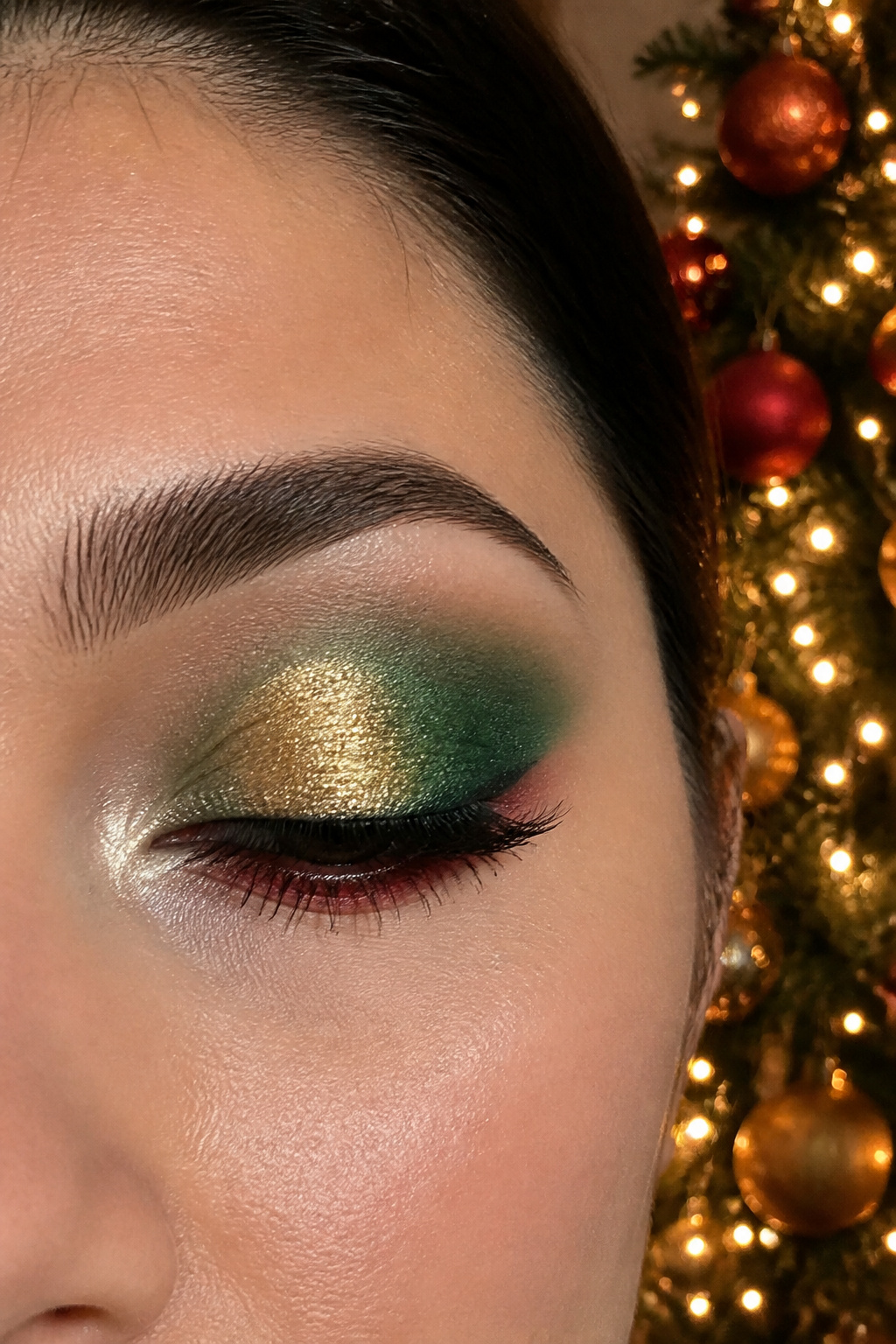 26 Christmas Eye Makeup Ideas for the 2026 Holiday Season 25 A model showcasing classic Christmas eye makeup with vibrant colors.