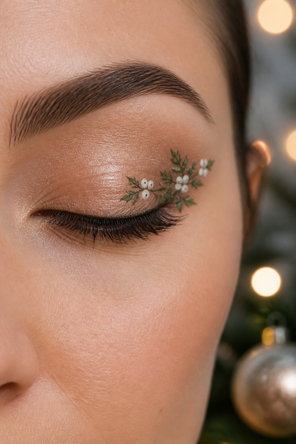 26 Christmas Eye Makeup Ideas for the 2026 Holiday Season 26 A model's eye decorated with small green leaves and white berries.