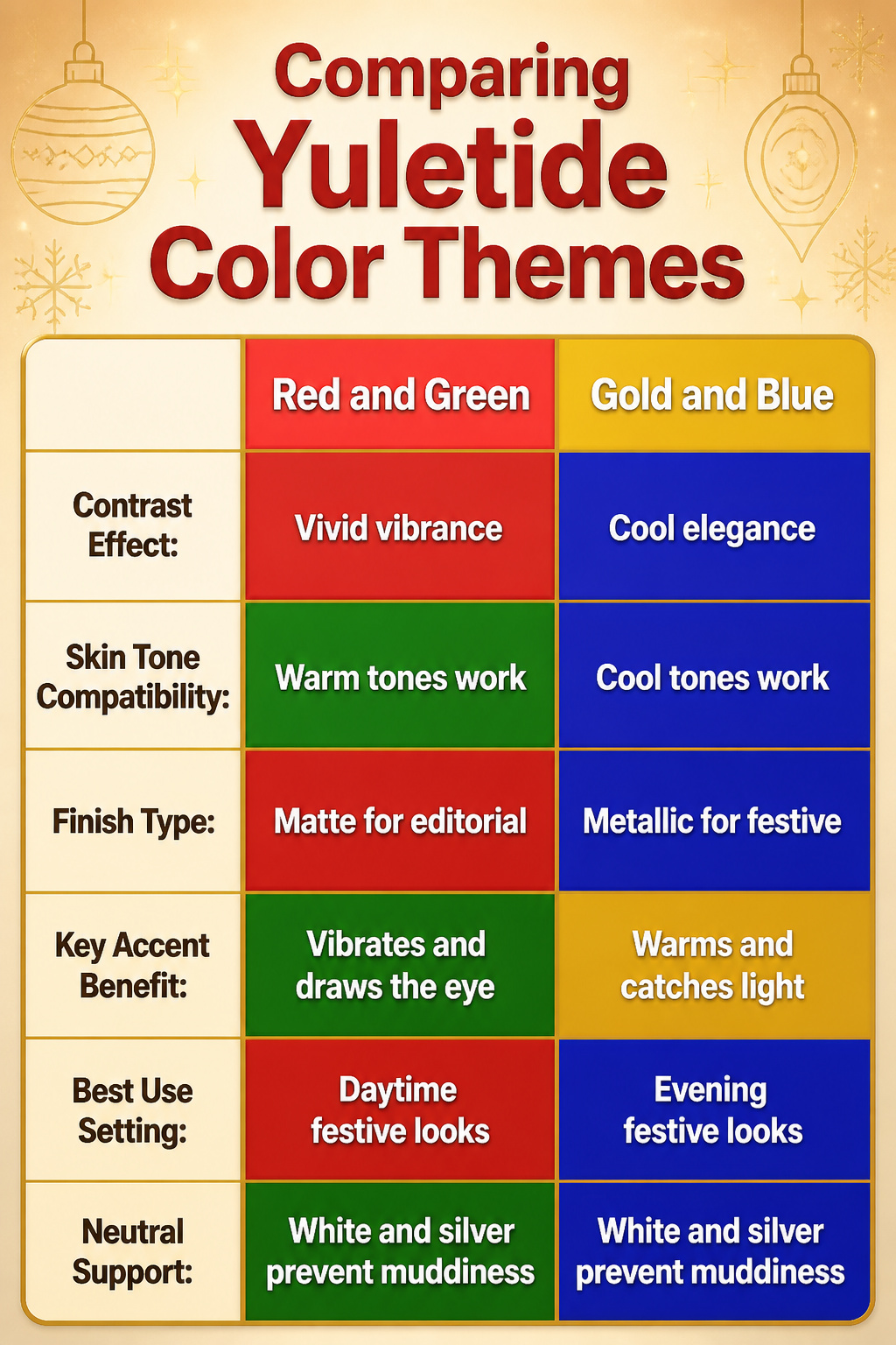 26 Christmas Eye Makeup Ideas for the 2026 Holiday Season 28 An image comparing festive color themes for Christmas eye makeup.