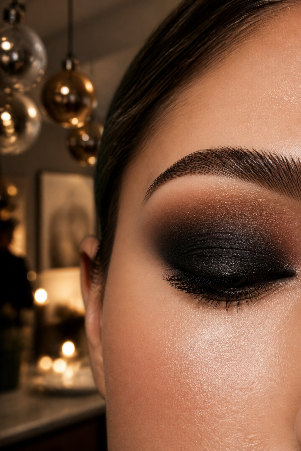 26 Christmas Eye Makeup Ideas for the 2026 Holiday Season 3 A close-up of a model's eye with bold black eyeshadow and a soft blend.