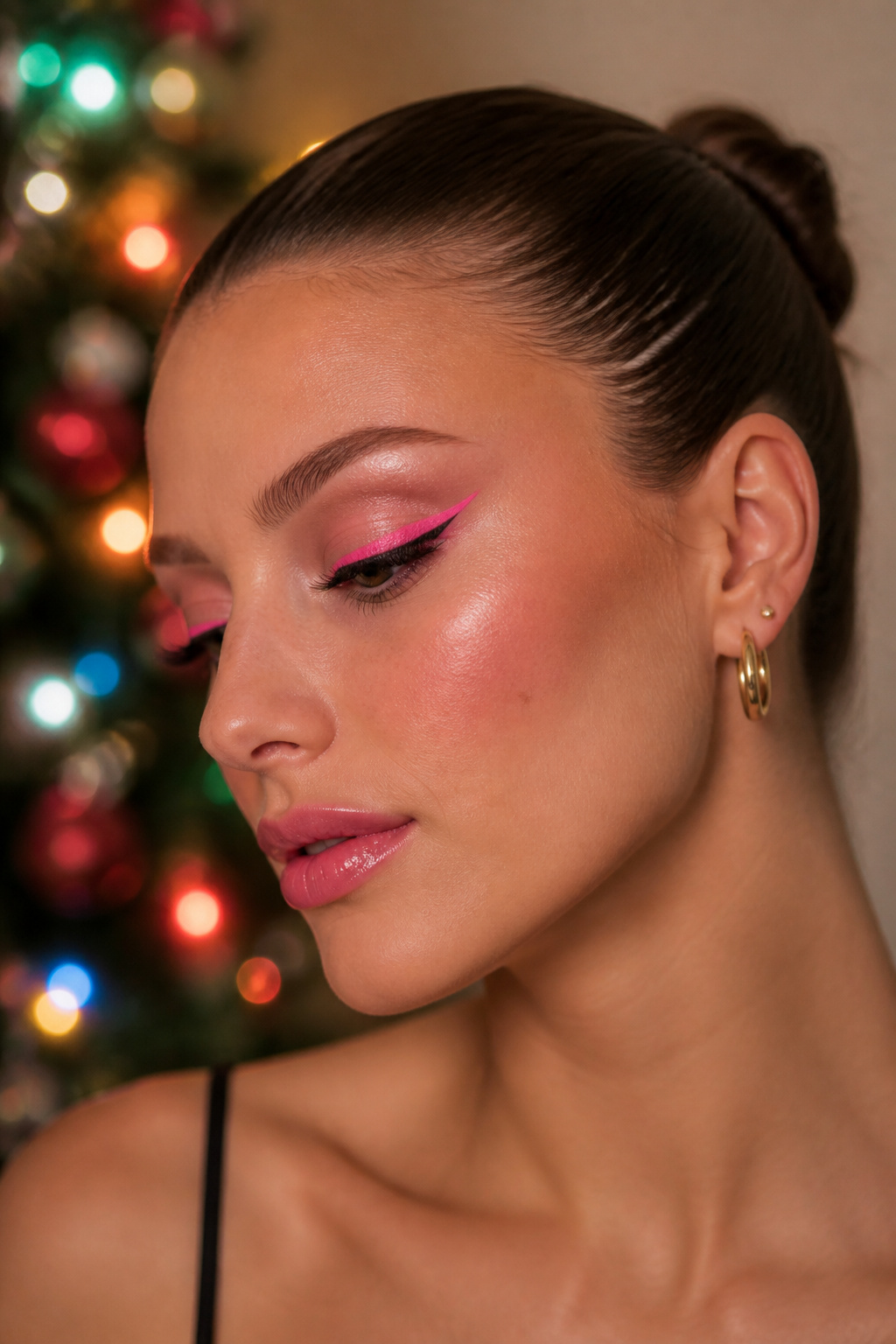 26 Christmas Eye Makeup Ideas for the 2026 Holiday Season 5 A model showcasing bright neon pink eye makeup with a graphic wing.