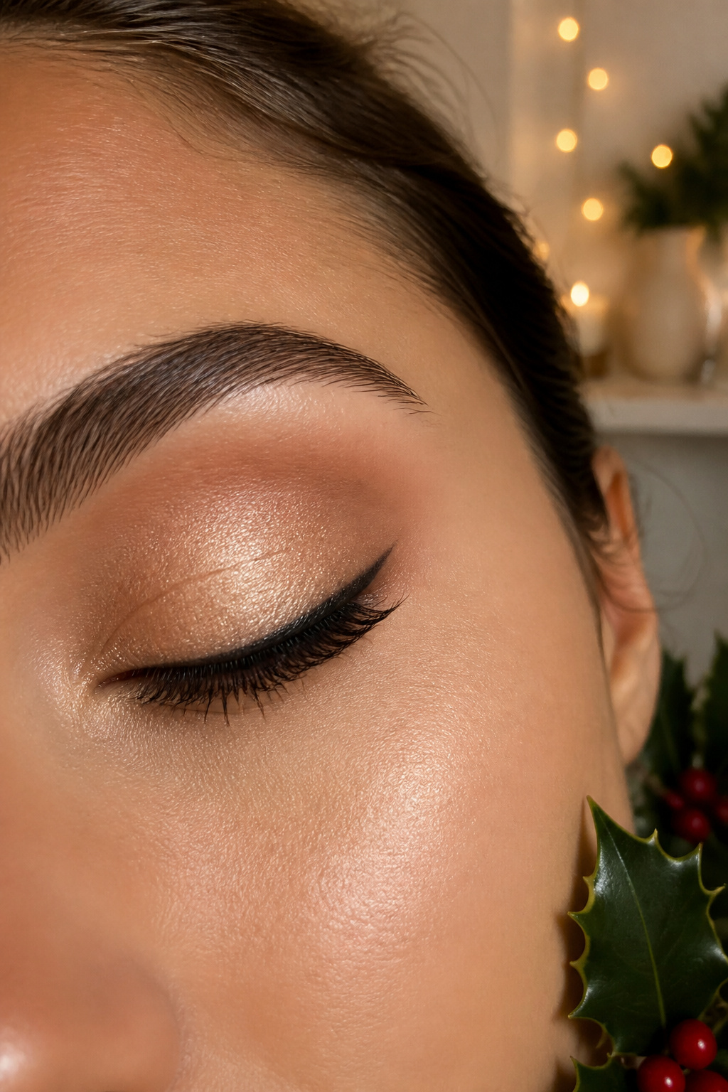 26 Christmas Eye Makeup Ideas for the 2026 Holiday Season 7 A model's eye featuring soft gold shimmer blended into a matte crease.