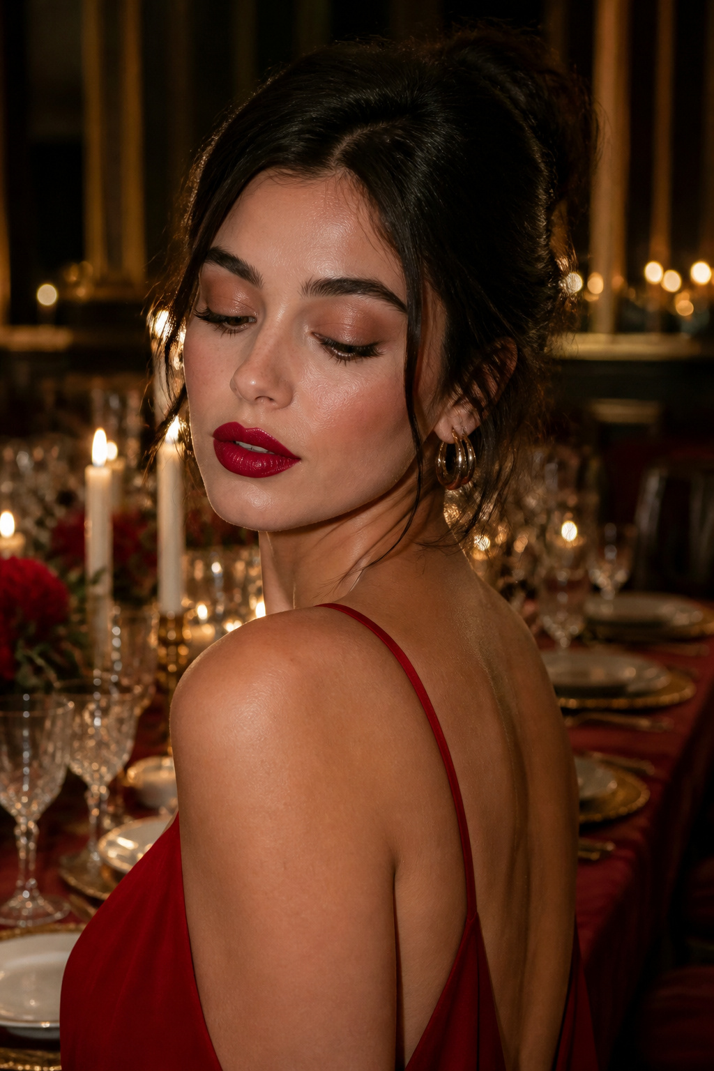 Close-up of a model's makeup featuring a blue-based red lip.