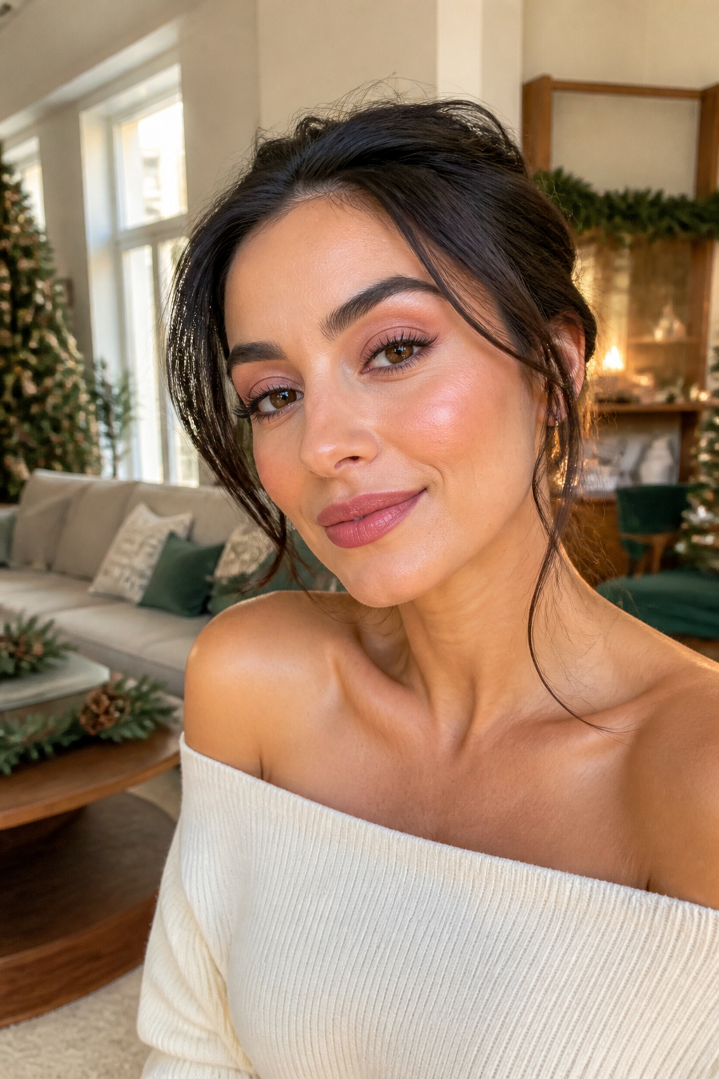 Model showcasing a soft pink makeup look in a festive setting.