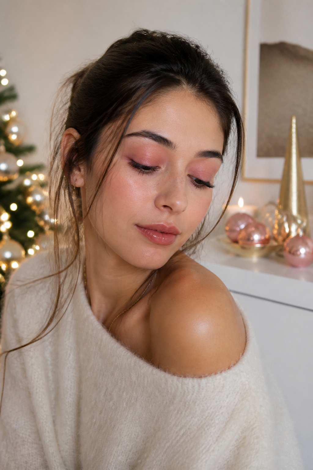 Model displaying a soft pink eye makeup look in a cozy setting.