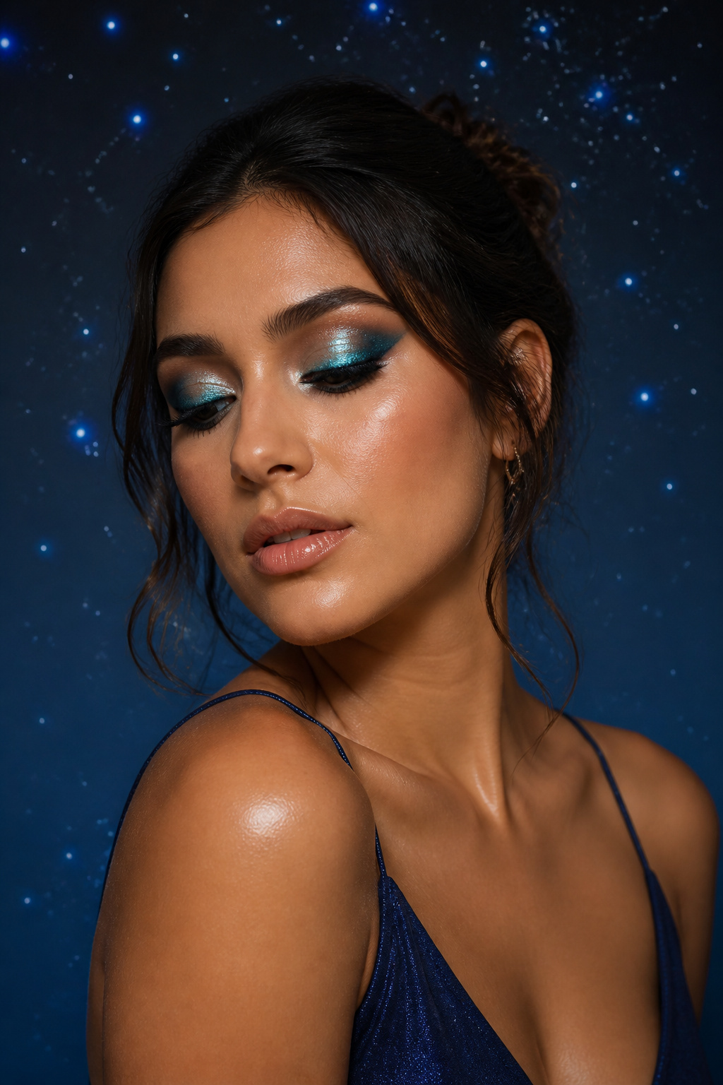 Model showcasing shimmering teal eye makeup against a dark backdrop.