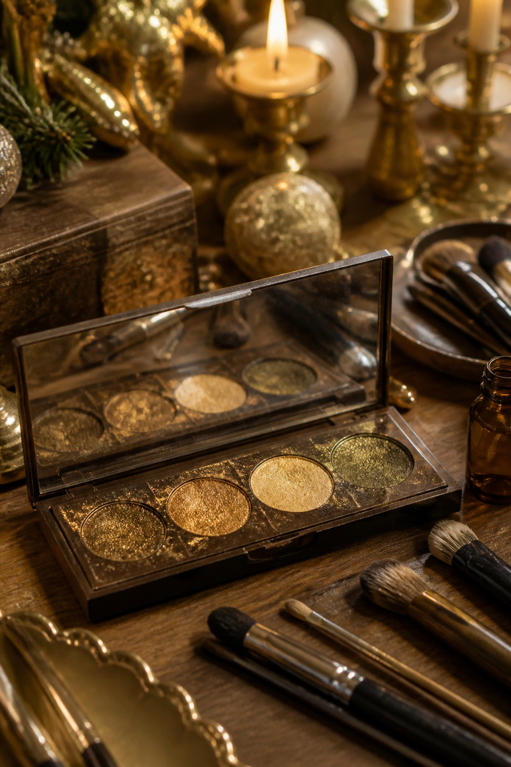 Artist's palette displaying shades of antique gold eyeshadow.