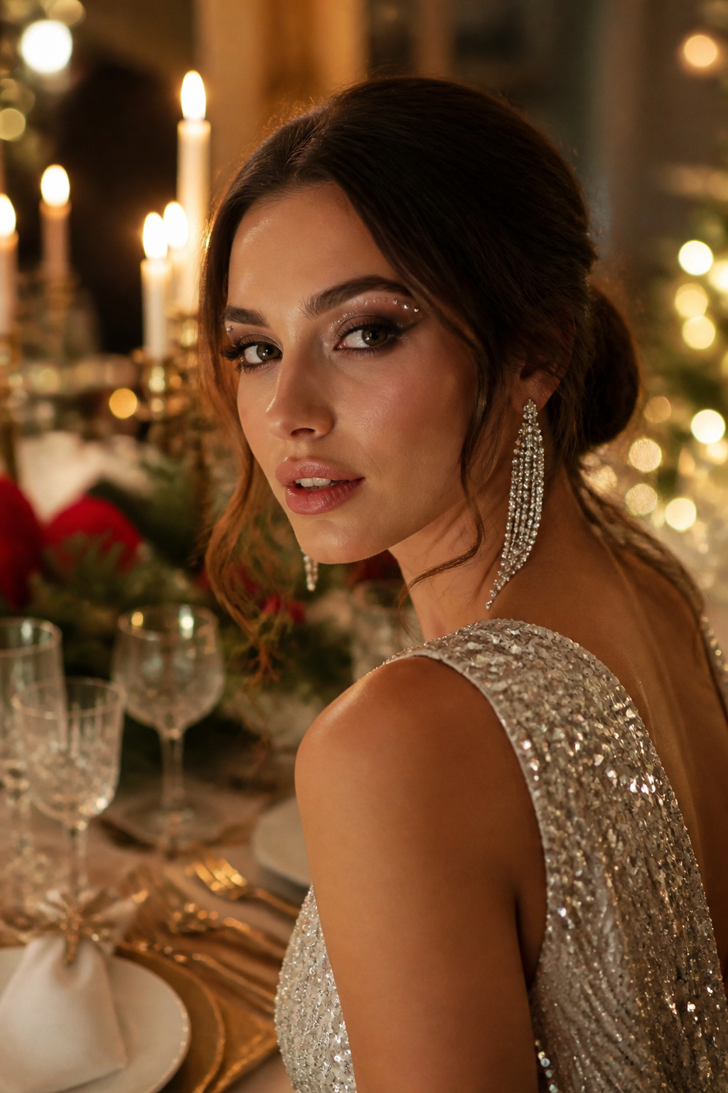 Close-up of a model's eye makeup adorned with crystals.