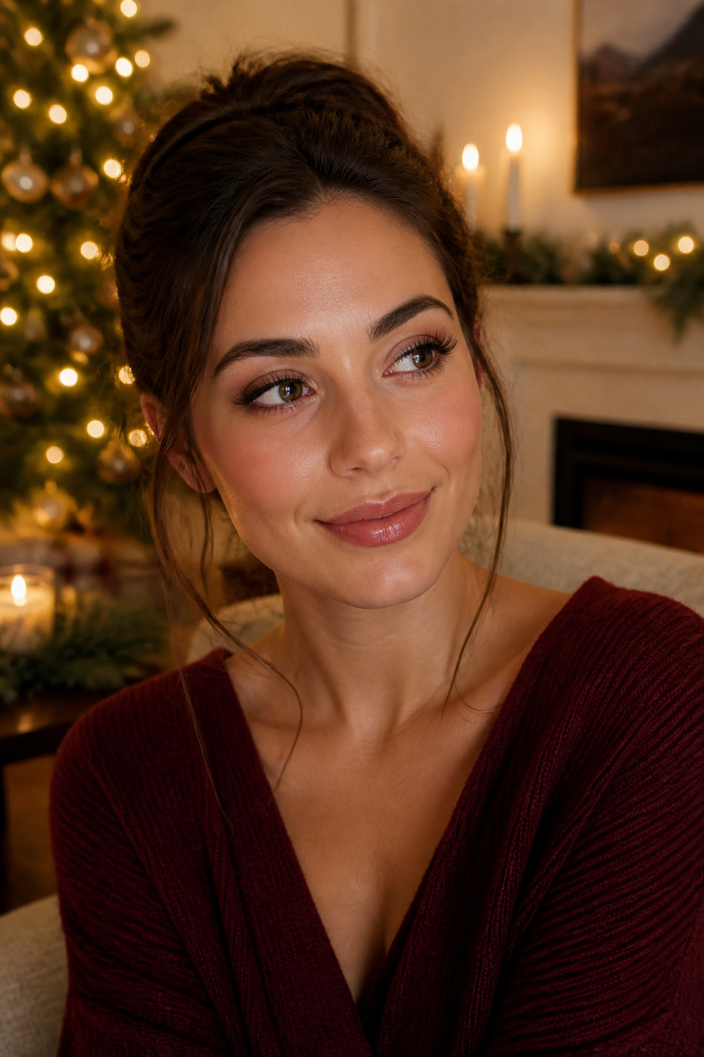 Model showcasing deep burgundy mascara on full lashes.