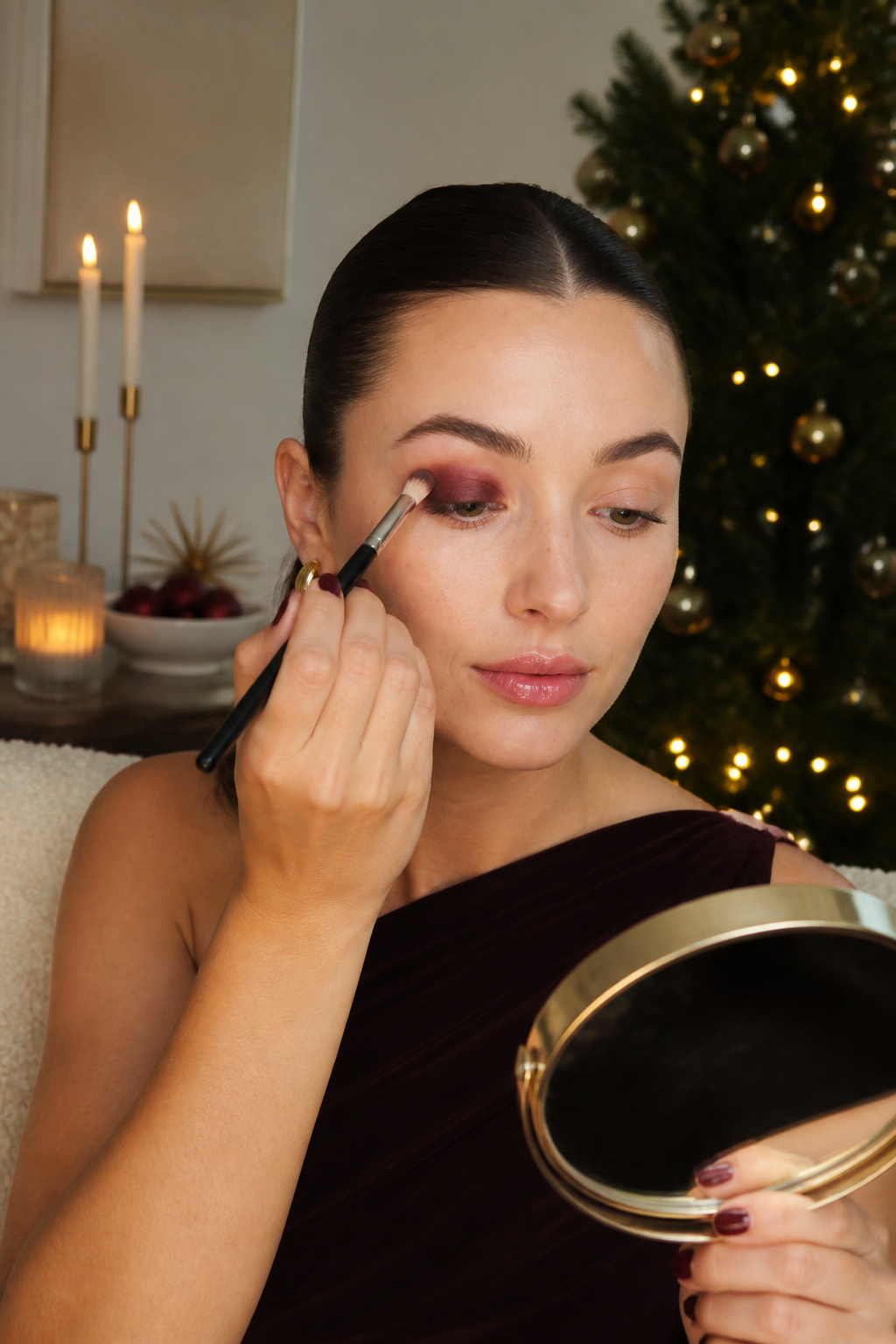 Model displaying two different eye makeup styles in one look.