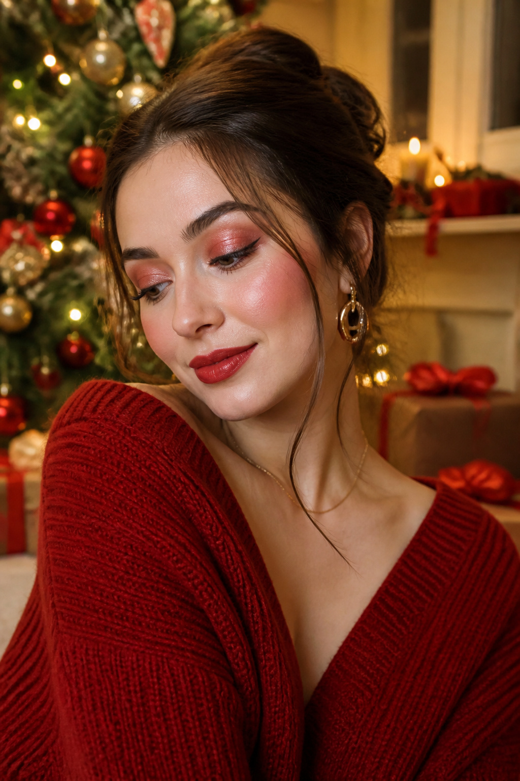 Model showcasing coordinated red makeup across eyes, lips, and cheeks.