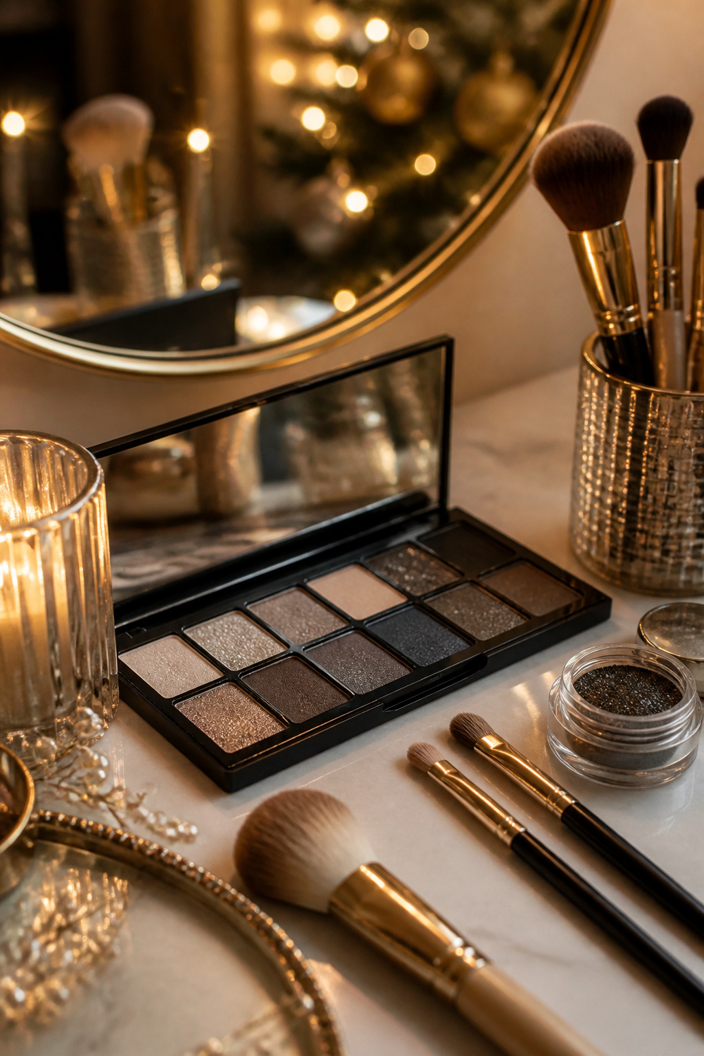 Close-up of a model's eye makeup featuring smoky gray shadows.