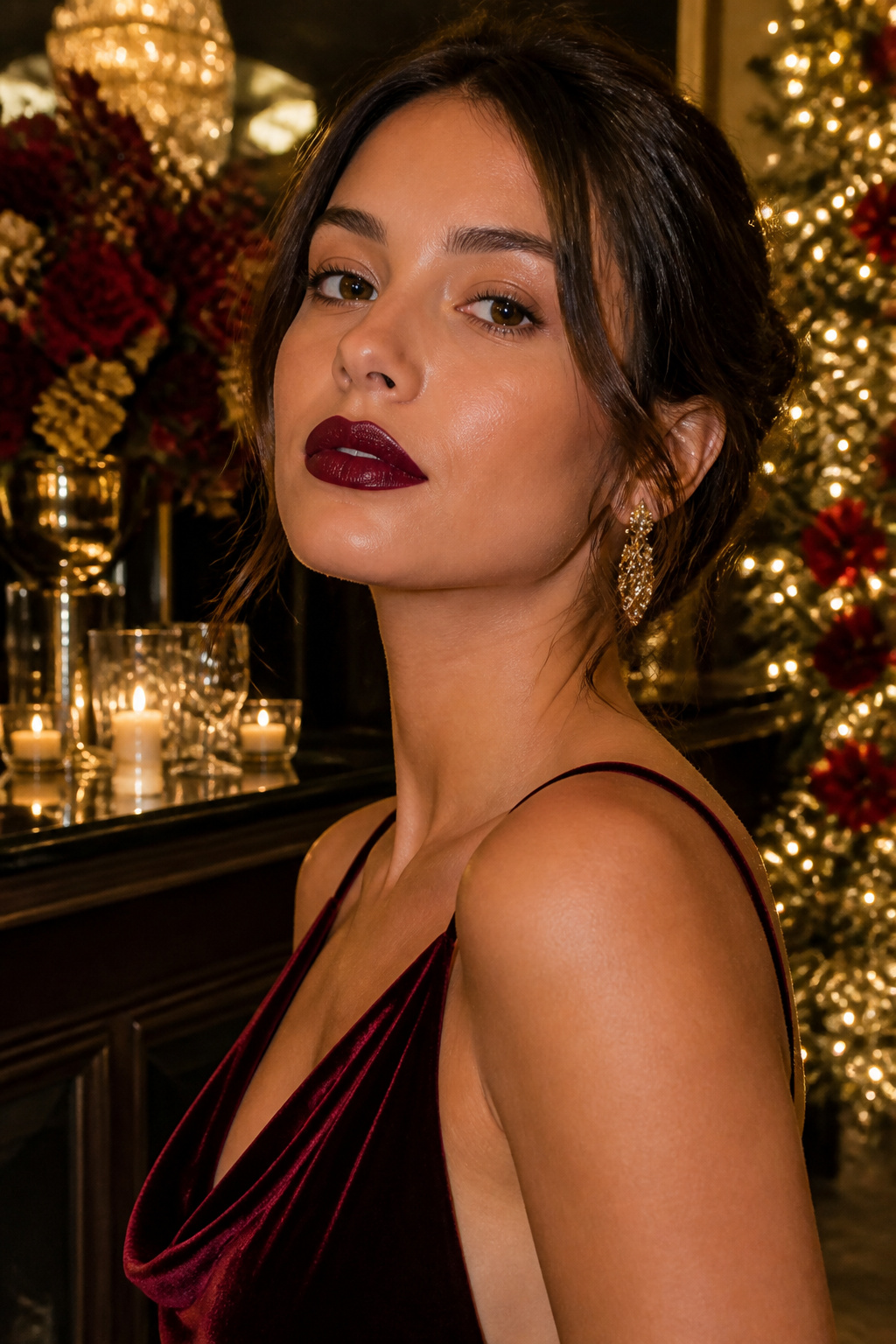 Close-up of a model's makeup featuring a dark red lip.