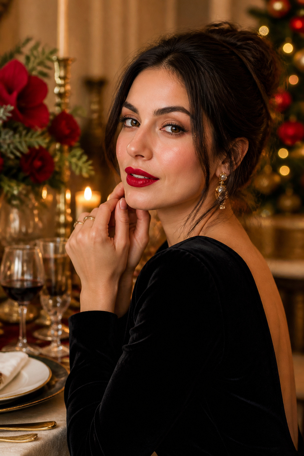 Close-up of a model's makeup featuring classic red lipstick.