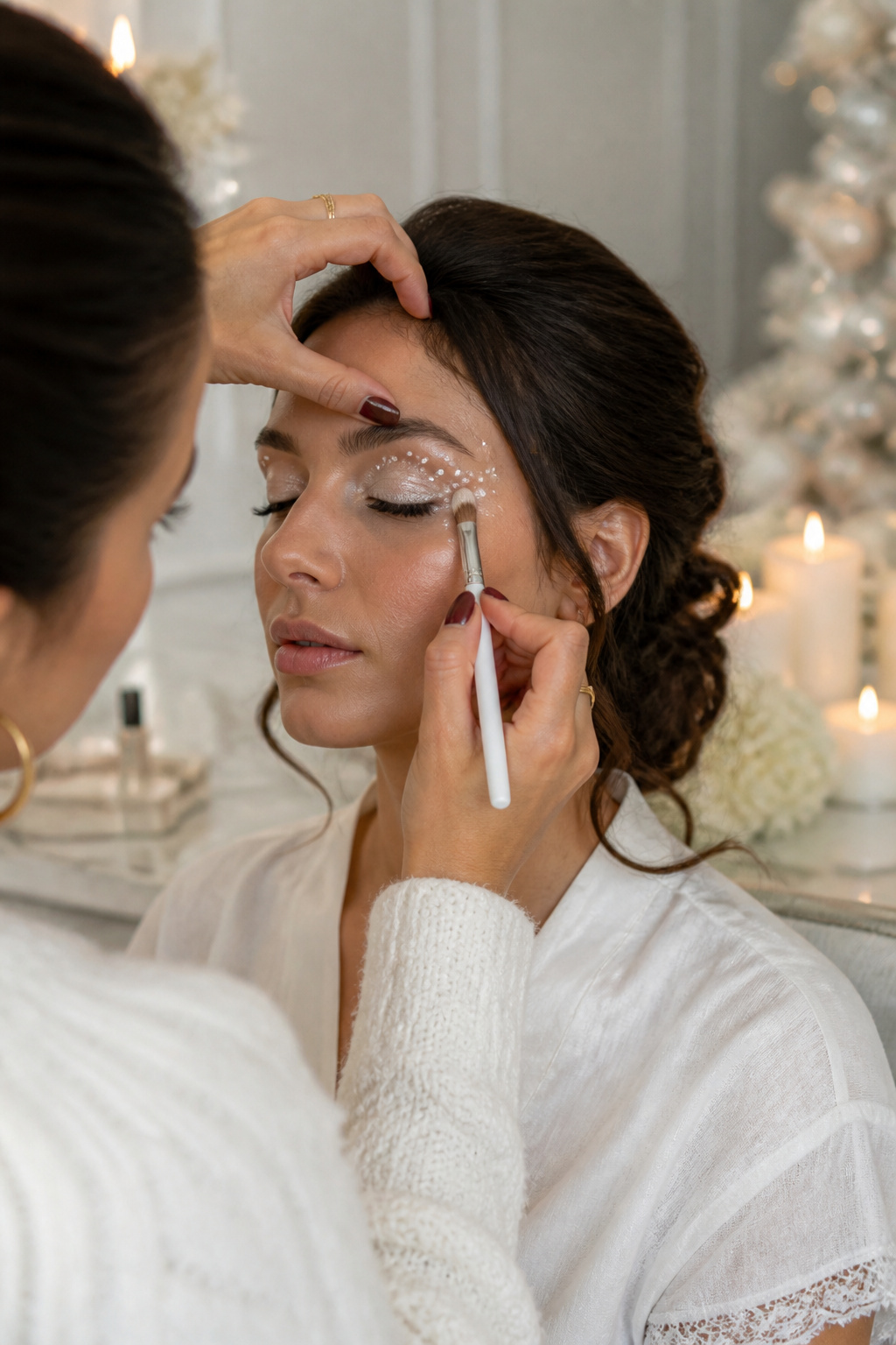Close-up of a model's eye makeup featuring frosted shadow and pearls.