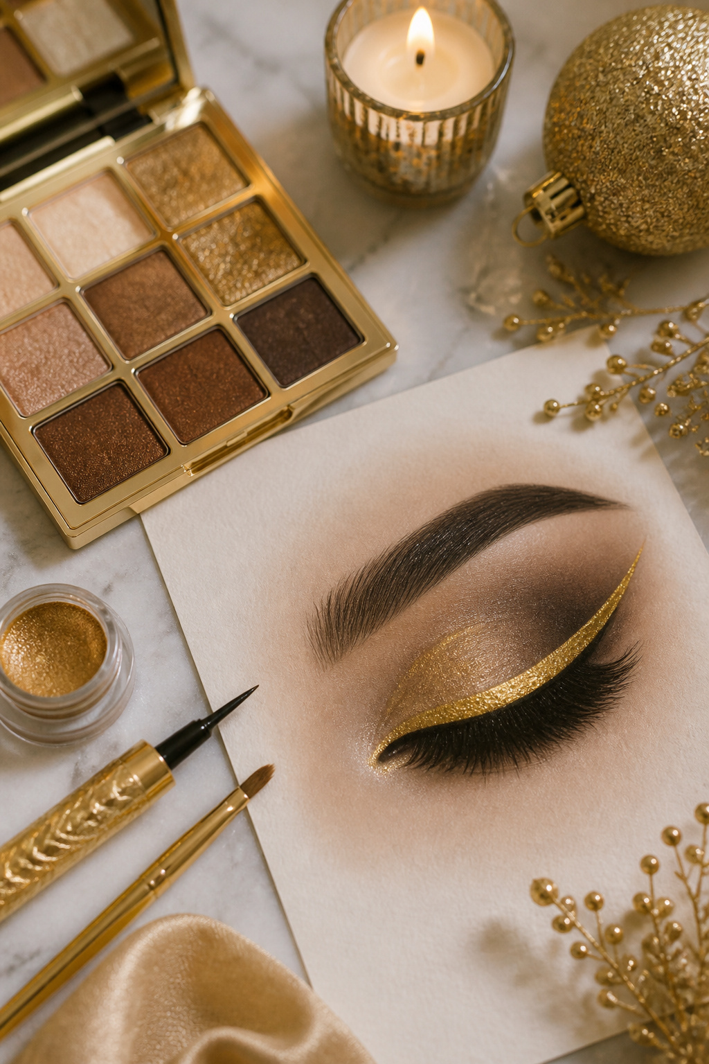 Close-up of a model's eye makeup featuring sharp gold eyeliner.