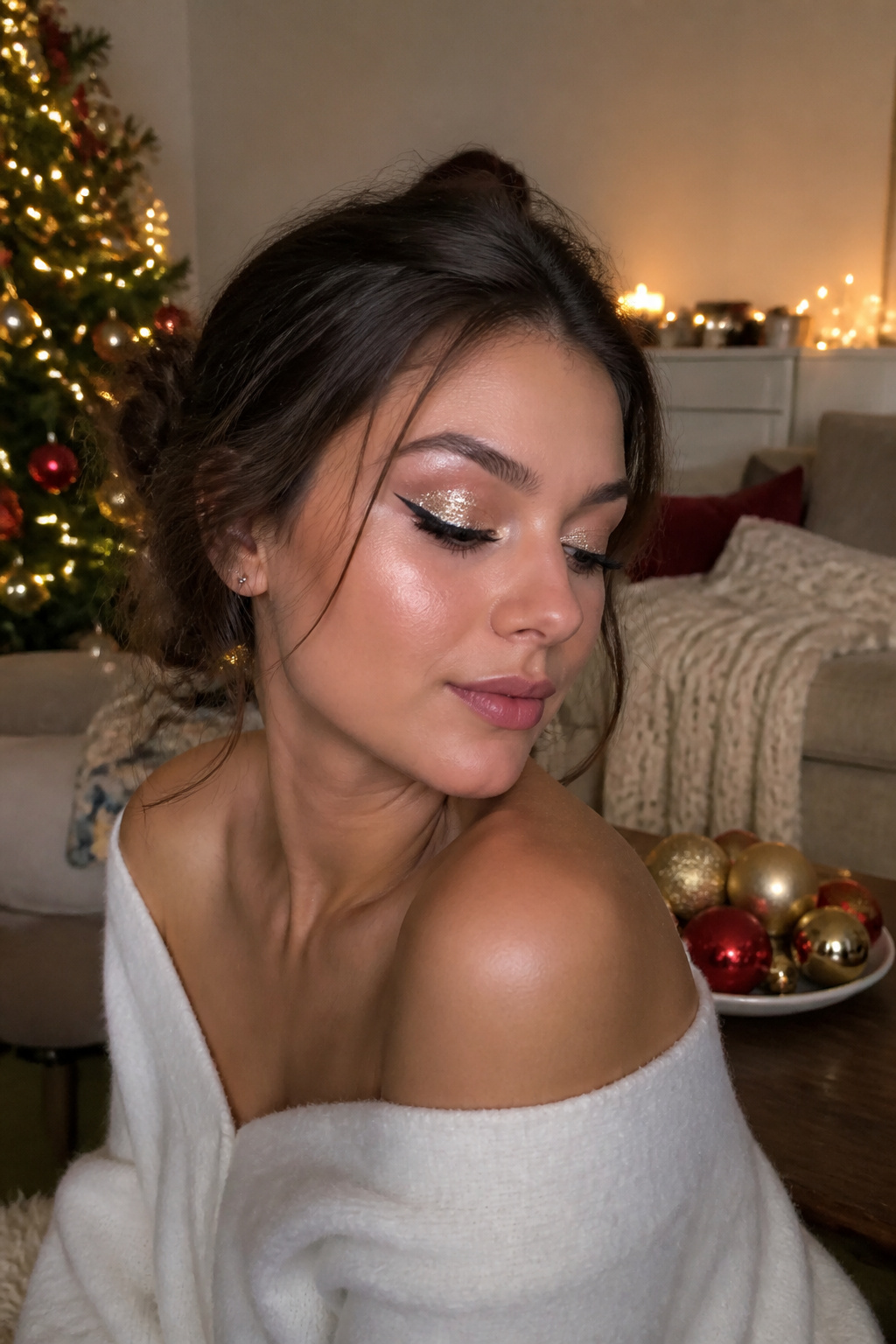 Close-up of a model's eye makeup featuring glittery wings in a holiday setting.