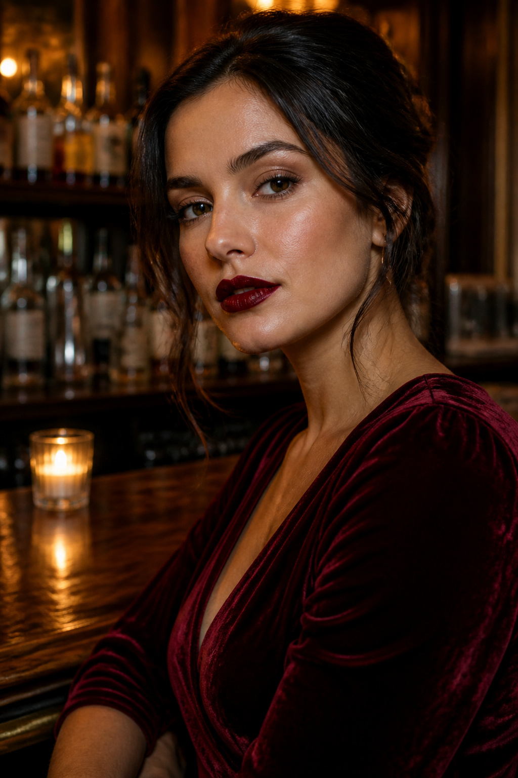 Close-up of a model's makeup featuring a wine lip and minimal eye details.