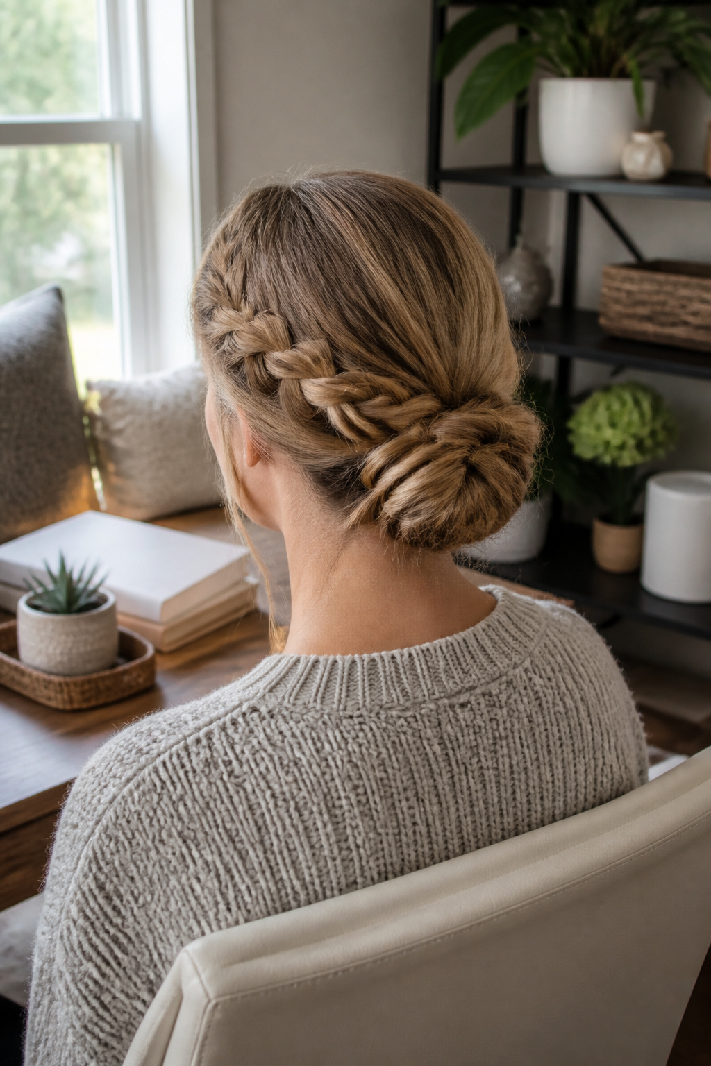 Cute Braided Hairstyles: 22 Styles, Updos and Long Hair Looks for 2026 12 A model with a tucked braided bun in a home office.
