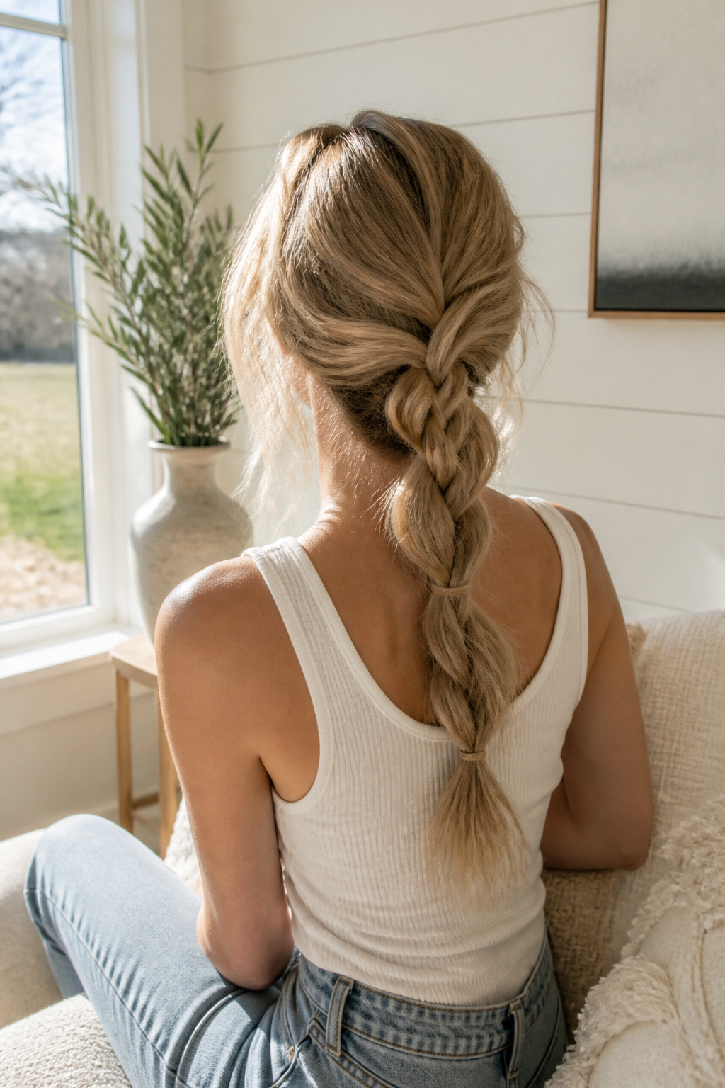 Cute Braided Hairstyles: 22 Styles, Updos and Long Hair Looks for 2026 15 A model displaying a simple knot braid in a bright apartment.